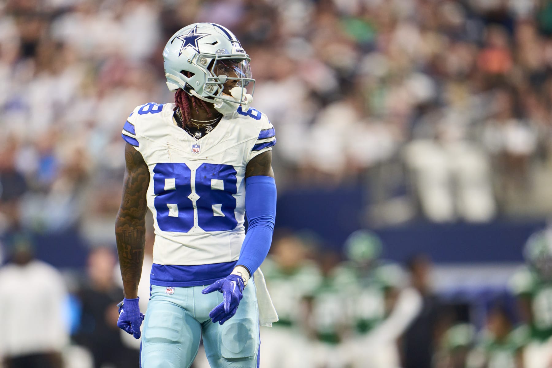 ARLINGTON, TX - SEPTEMBER 17: CeeDee Lamb #88 of the Dallas Cowboys walks to the line of scrimmage against the New York Jets during the first half at AT&T Stadium on September 17, 2023 in Arlington, Texas. (Photo by Cooper Neill/Getty Images)
