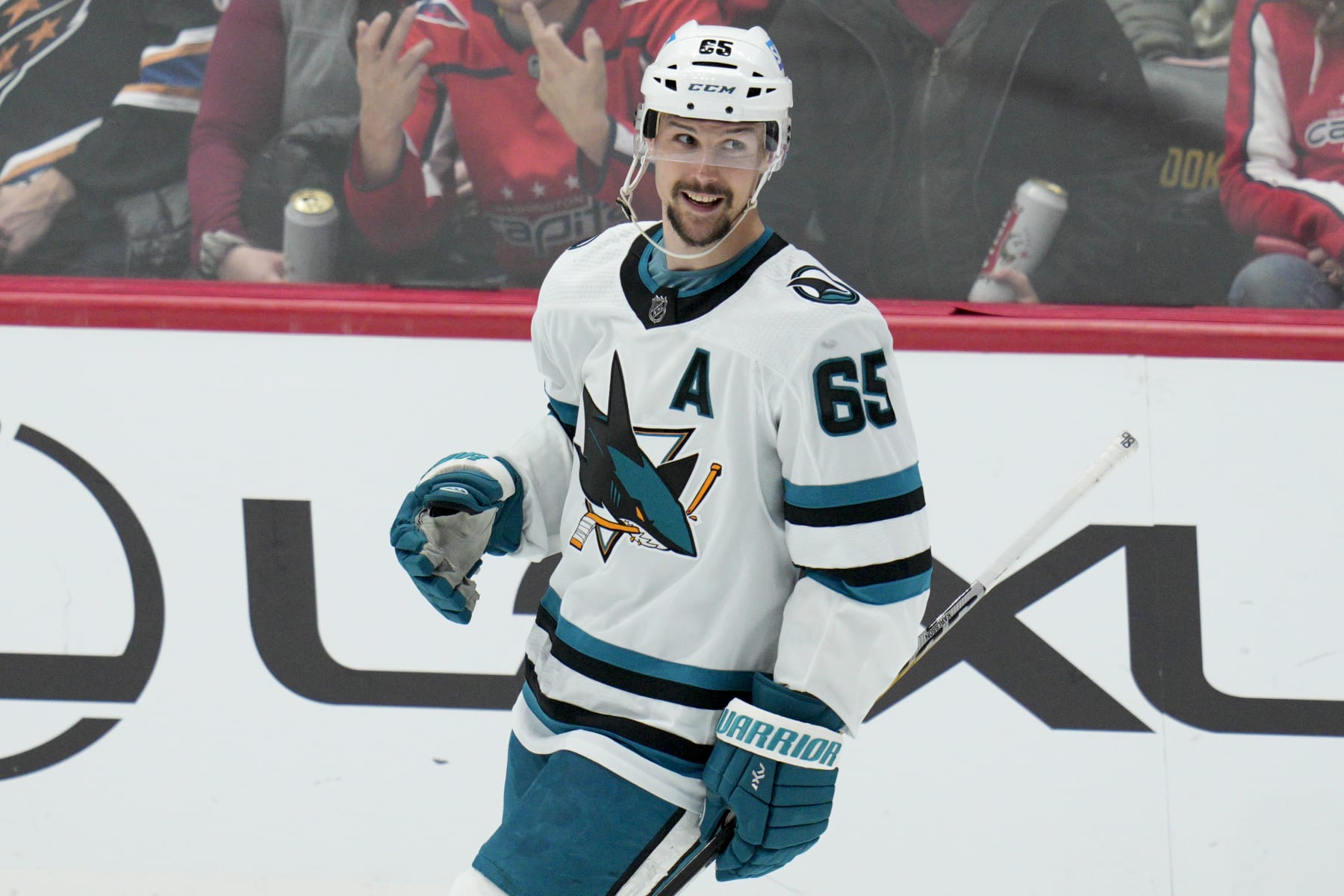 San Jose Sharks defenseman Erik Karlsson (65) reacts after scoring a goal against the Washington Capitals during the third period of an NHL hockey game, Sunday, Feb. 12, 2023, in Washington. (AP Photo/Jess Rapfogel)