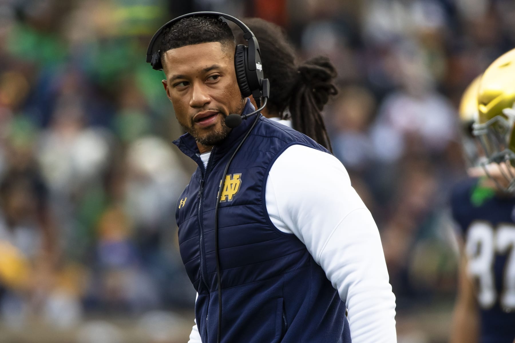 Notre Dame head coach Marcus Freeman looks back to the bench during the first half of an NCAA college football game against Pittsburgh, Saturday, Oct. 28, 2023, in South Bend, Ind. (AP Photo/Michael Caterina)