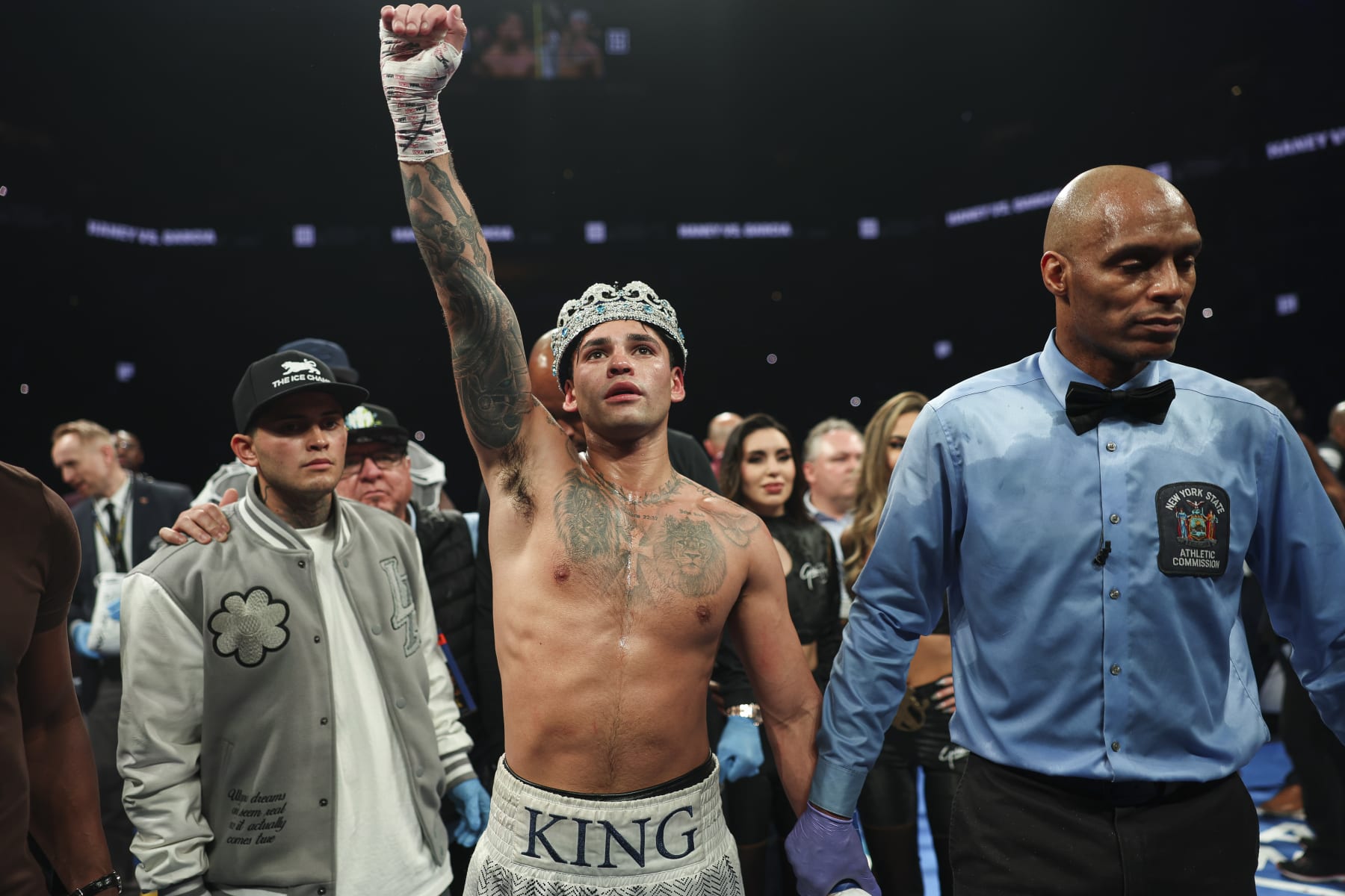NEW YORK, NEW YORK - APRIL 20: Ryan Garcia celebrates after defeating Devin Haney in a fight at Barclays Center on April 20, 2024 in New York City.  (Photo by Cris Esqueda/Golden Boy/Getty Images)