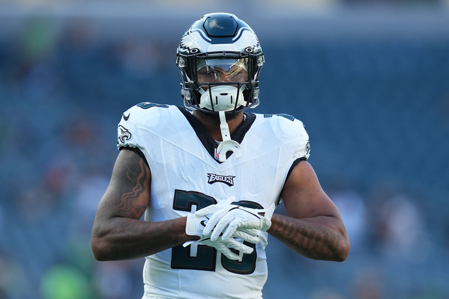 PHILADELPHIA, PENNSYLVANIA - AUGUST 17: Rashaad Penny #23 of the Philadelphia Eagles looks on against the Cleveland Browns during the preseason game at Lincoln Financial Field on August 17, 2023 in Philadelphia, Pennsylvania. The Browns tied the Eagles 18-18. (Photo by Mitchell Leff/Getty Images)