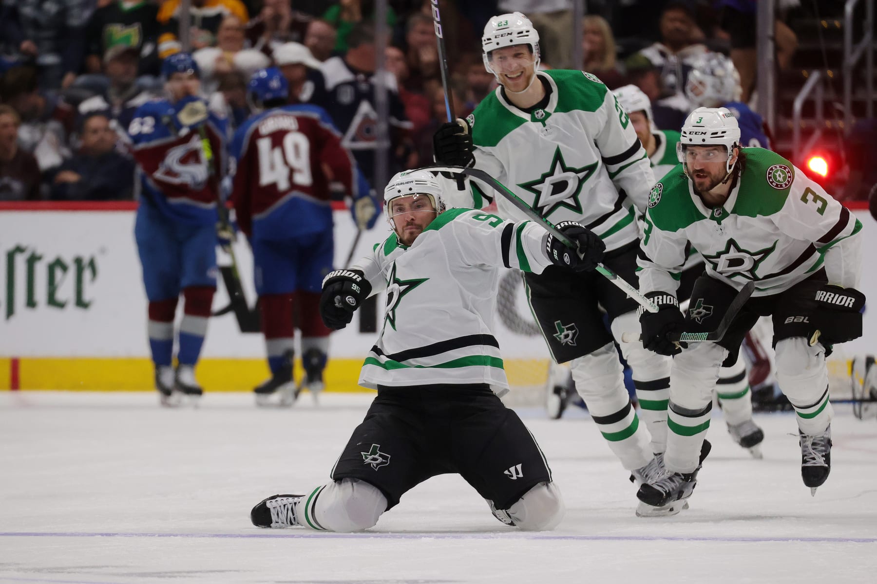 DENVER, COLORADO - MAY 17: Matt Duchene #95 of the Dallas Stars and teammates Esa Lindell #23, and Chris Tanev #3 celebrate Duchene's game-winning goal in double overtime against the Colorado Avalanche in Game Six of the Second Round of the 2024 Stanley Cup Playoffs at Ball Arena on May 17, 2024 in Denver, Colorado.  (Photo by Michael Martin/NHLI via Getty Images)