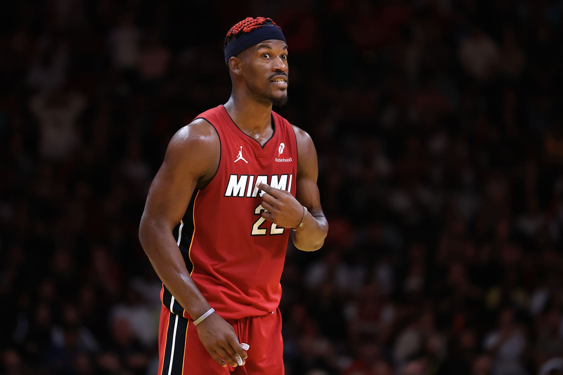 MIAMI, FLORIDA - NOVEMBER 26: Jimmy Butler #22 of the Miami Heat reacts against the Milwaukee Bucks during the fourth quarter of the Emirates NBA Cup at Kaseya Center on November 26, 2024 in Miami, Florida. NOTE TO USER: User expressly acknowledges and agrees that, by downloading and or using this photograph, User is consenting to the terms and conditions of the Getty Images License Agreement. (Photo by Megan Briggs/Getty Images)