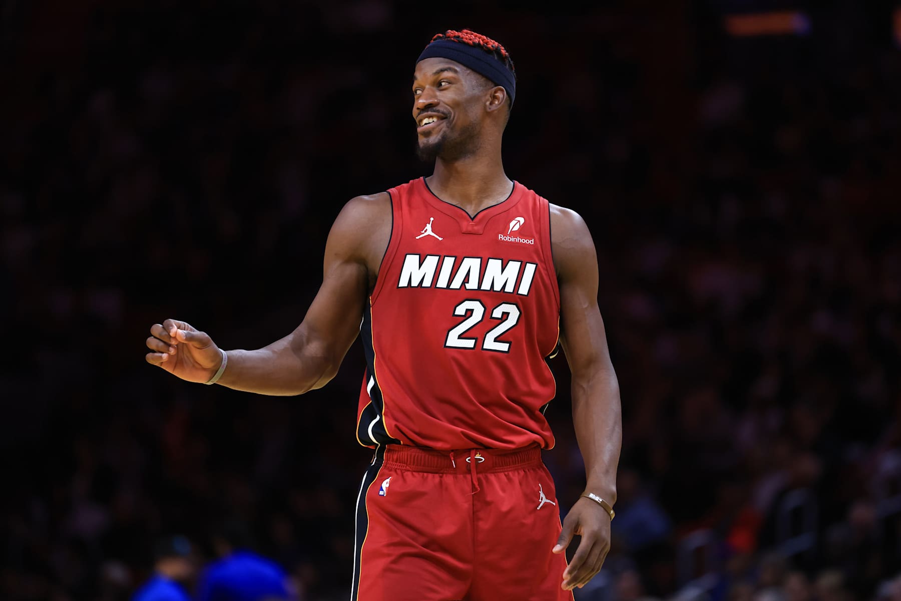 MIAMI, FLORIDA - NOVEMBER 29: Jimmy Butler #22 of the Miami Heat reacts against the Toronto Raptors during the second quarter of the Emirates NBA Cup at Kaseya Center on November 29, 2024 in Miami, Florida. NOTE TO USER: User expressly acknowledges and agrees that, by downloading and or using this photograph, User is consenting to the terms and conditions of the Getty Images License Agreement. (Photo by Megan Briggs/Getty Images)