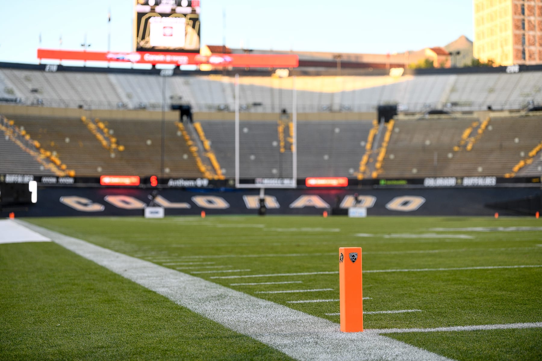 BOULDER, CO - SEPTEMBER 9: A general view of the empty stadium with an end zone pylon showing the PAC 12 logo early in the morning before a game between the Colorado Buffaloes and the Nebraska Cornhuskers at Folsom Field on September 9, 2023 in Boulder, Colorado. (Photo by Dustin Bradford/Getty Images) BOULDER, CO - SEPTEMBER 9: A general view of the empty stadium with an end zone pylon showing the PAC 12 logo early in the morning before a game between the Colorado Buffaloes and the Nebraska Cornhuskers at Folsom Field on September 9, 2023 in Boulder, Colorado. (Photo by Dustin Bradford/Getty Images)