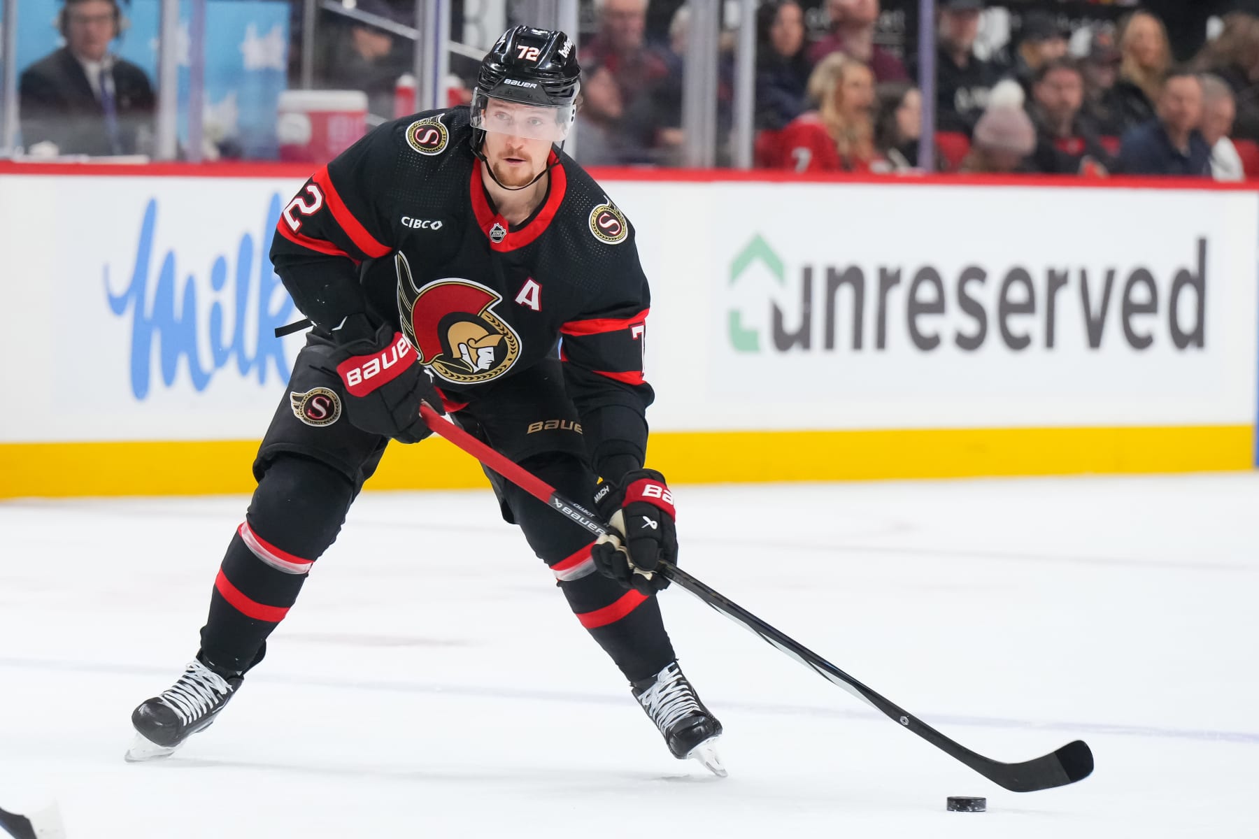 OTTAWA, CANADA - JANUARY 20:  Thomas Chabot #72 of the Ottawa Senators skates against the Winnipeg Jets at Canadian Tire Centre on January 20, 2024 in Ottawa, Ontario, Canada.  (Photo by André Ringuette/NHLI via Getty Images)