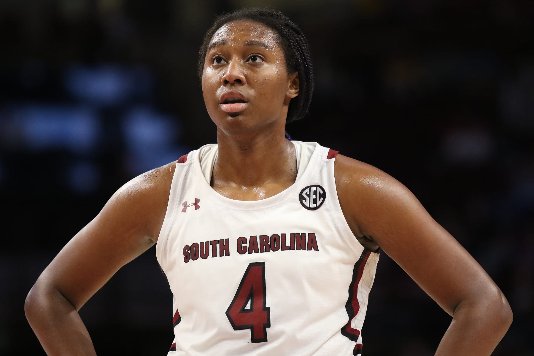 COLUMBIA, SC - DECEMBER 11: South Carolina Gamecocks forward Aliyah Boston (4) during a women's college basketball game between the Liberty Flames and the South Carolina Gamecocks on December 11, 2022 at Colonial Life Arena in Columbia, S.C. (Photo by John Byrum/Icon Sportswire via Getty Images)