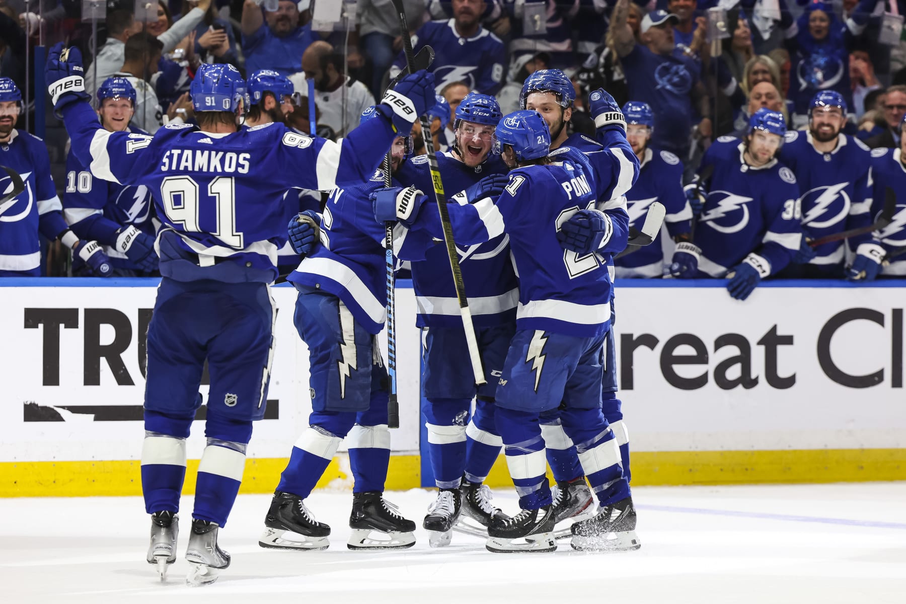 TAMPA, FL - APRIL 22: Darren Raddysh #43 of the Tampa Bay Lightning celebrates a goal with teammates Steven Stamkos #91, Brayden Point #21, Nikita Kucherov #86 and Mikhail Sergachev #98 against the Toronto Maple Leafs during the second period in Game Three of the First Round of the 2023 Stanley Cup Playoffs at Amalie Arena on April 22, 2023 in Tampa, Florida. (Photo by Mark LoMoglio/NHLI via Getty Images)