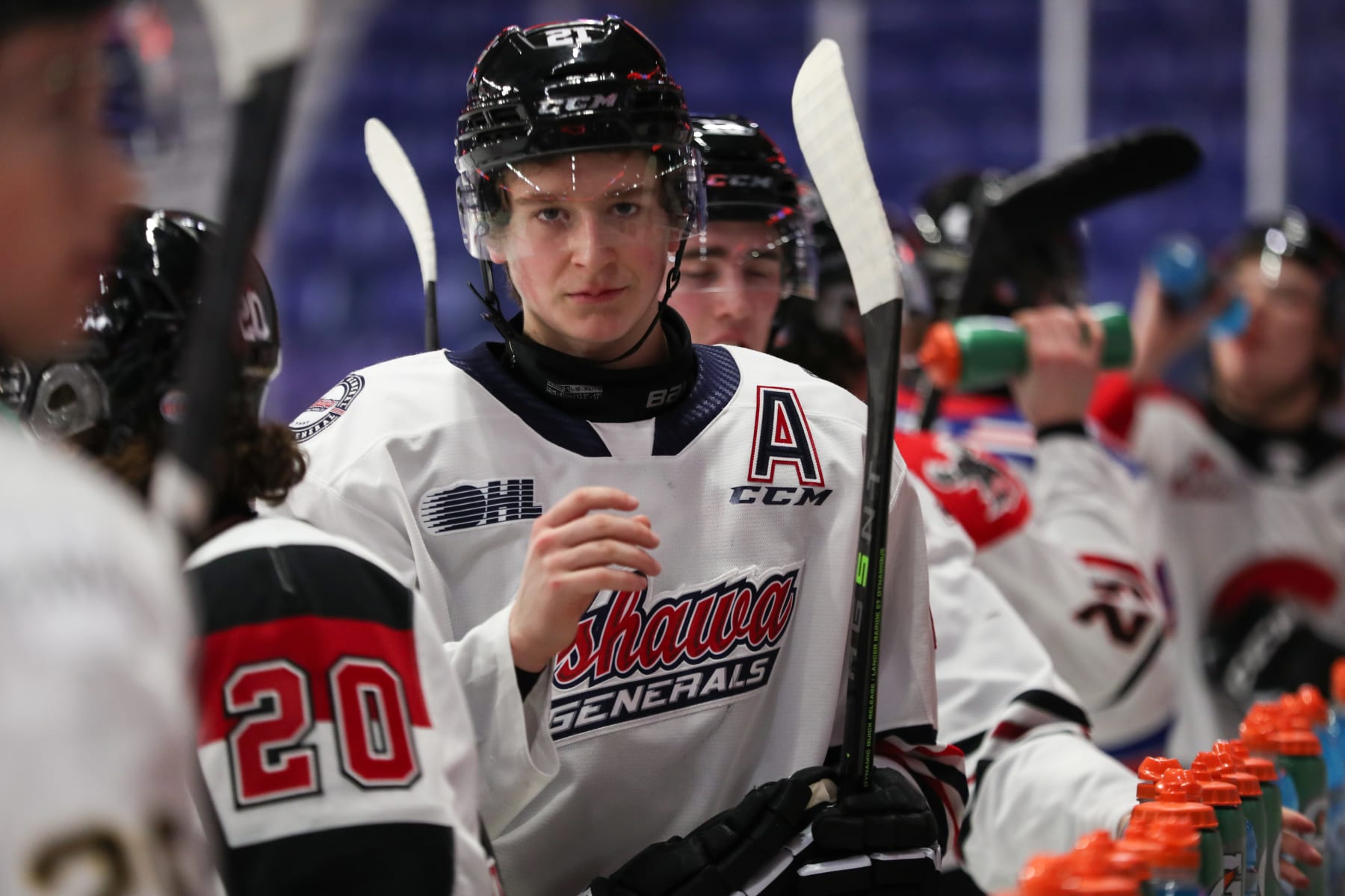 LANGLEY, BRITISH COLUMBIA - JANUARY 24: Forward Calum Ritchie #21 of the Oshawa Generalsduring the 2023 Kubota CHL Top Prospects Game Practice at the Langley Events Centre on January 24, 2023 in Langley, British Columbia. (Photo by Dennis Pajot/Getty Images)