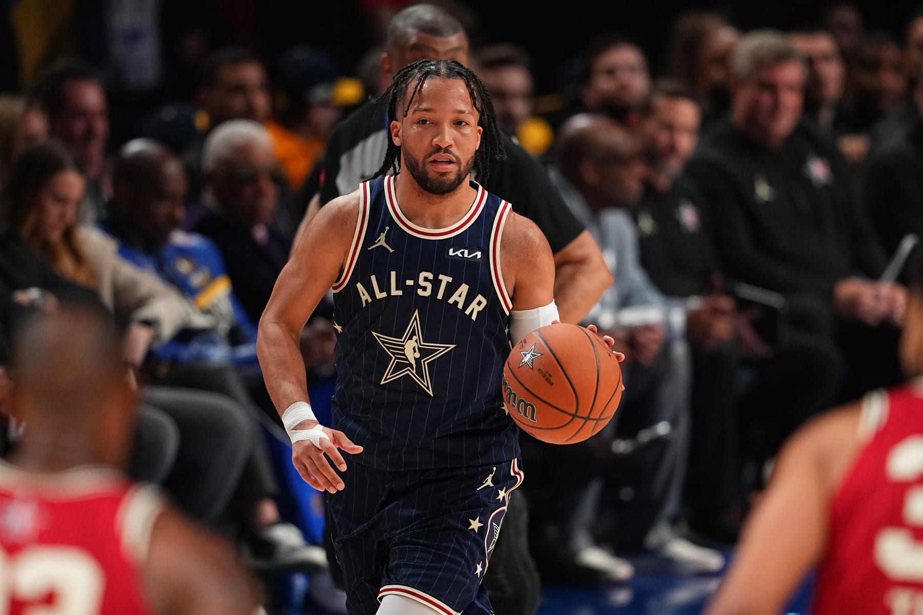 INDIANAPOLIS, IN - FEBRUARY 18: Jalen Brunson #11 of the Eastern Conference dribbles the ball during the game against the Western Conference during the NBA All-Star Game as part of NBA All-Star Weekend on Sunday, February 18, 2024 at Gainbridge Fieldhouse in Indianapolis, Indiana. NOTE TO USER: User expressly acknowledges and agrees that, by downloading and/or using this Photograph, user is consenting to the terms and conditions of the Getty Images License Agreement. Mandatory Copyright Notice: Copyright 2024 NBAE (Photo by Garrett Ellwood/NBAE via Getty Images)
