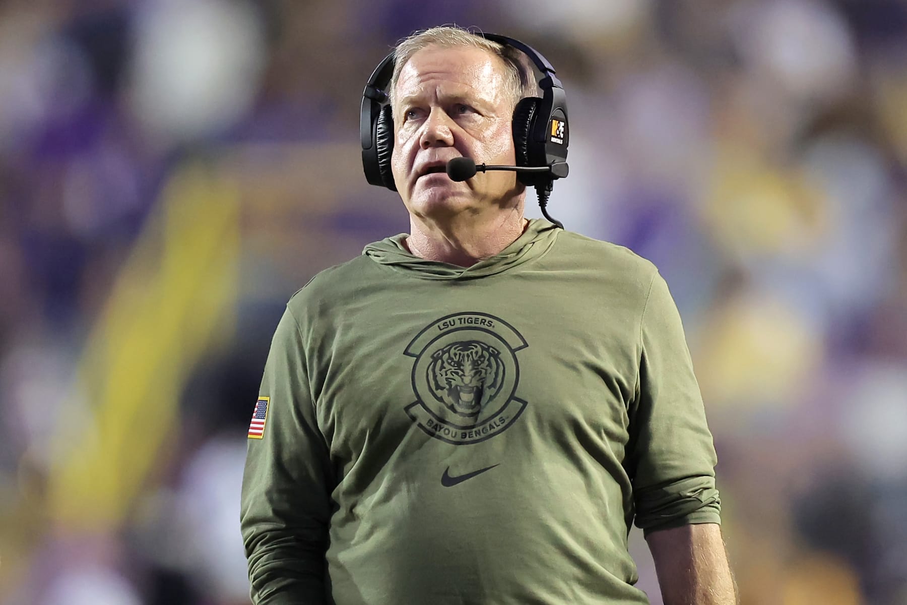 BATON ROUGE, LOUISIANA - NOVEMBER 11: Head coach Brian Kelly of the LSU Tigers reacts against the Florida Gators during a game at Tiger Stadium on November 11, 2023 in Baton Rouge, Louisiana. (Photo by Jonathan Bachman/Getty Images)