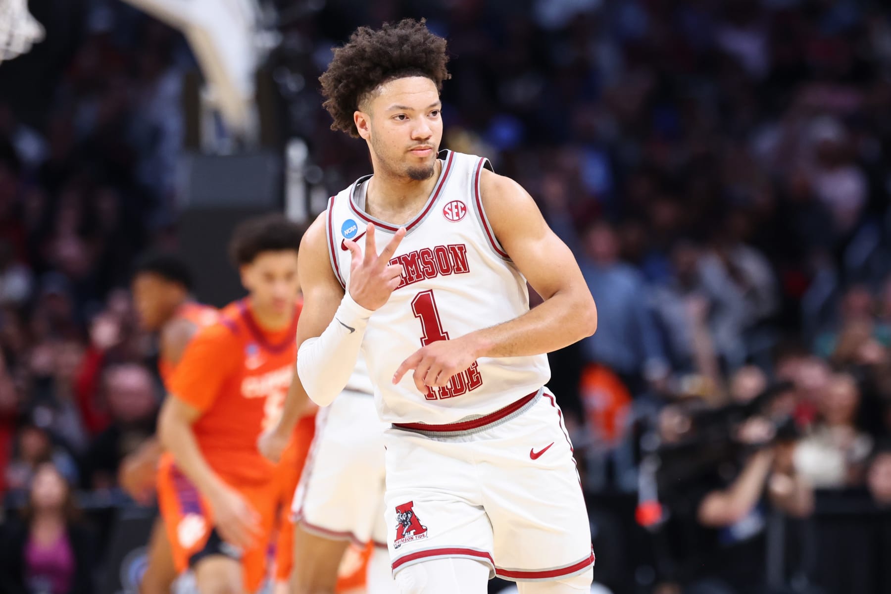LOS ANGELES, CALIFORNIA - MARCH 30: Mark Sears #1 of the Alabama Crimson Tide celebrates against the Clemson Tigers during the Elite Eight round of the 2024 NCAA Men's Basketball Tournament held at Crypto.com Arena on March 30, 2024 in Los Angeles, California. (Photo by C. Morgan Engel/NCAA Photos via Getty Images)