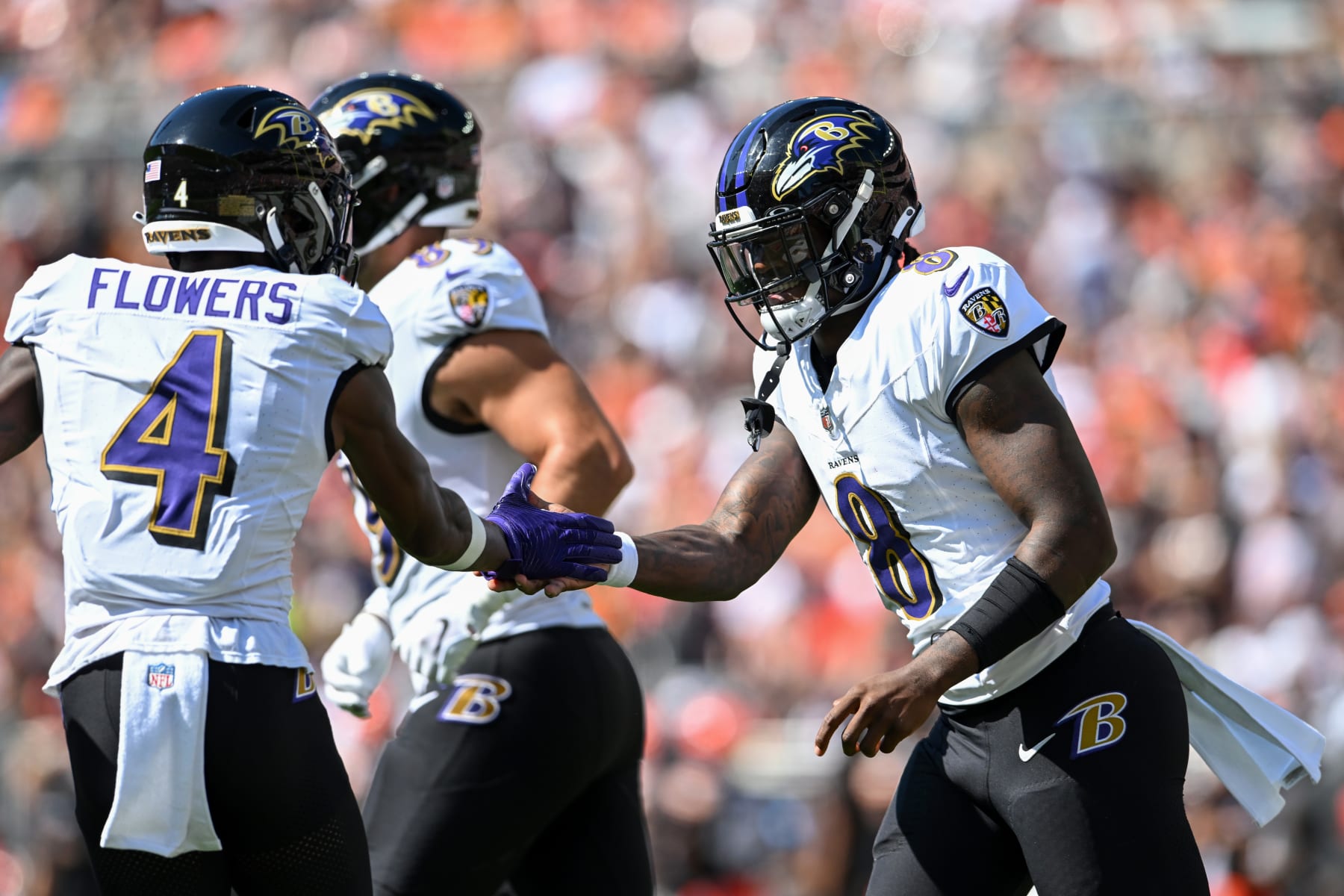 CLEVELAND, OHIO - OCTOBER 01: Lamar Jackson #8 and Zay Flowers #4 of the Baltimore Ravens celebrate a 10-yard touchdown run by Jackson during the first half against the Cleveland Browns at Cleveland Browns Stadium on October 01, 2023 in Cleveland, Ohio. (Photo by Nick Cammett/Diamond Images via Getty Images)