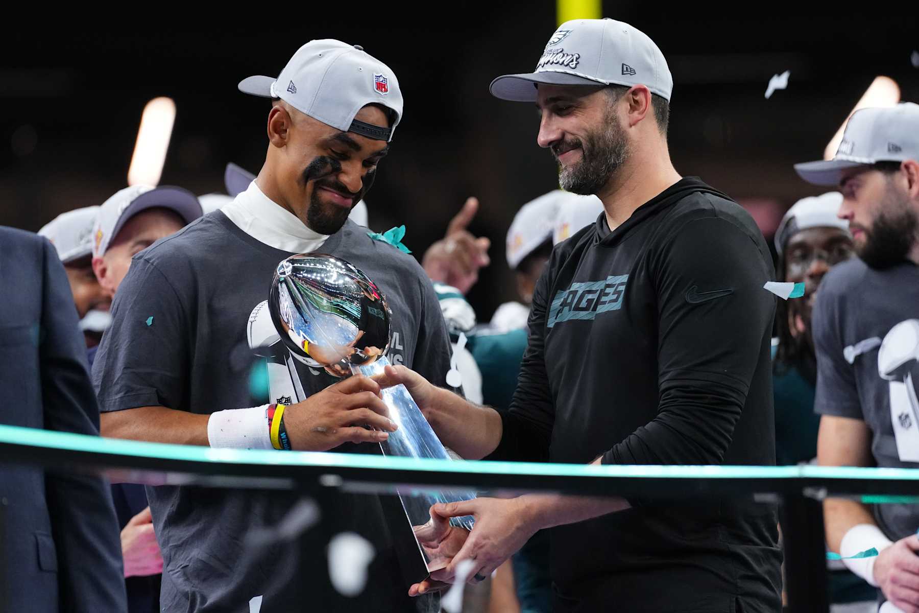 NEW ORLEANS, LA - FEBRUARY 09: Jalen Hurts #1 of the Philadelphia Eagles and head coach Nick Sirianni celebrate with the Lombardi Trophy after defeating the Kansas City Chiefs during Super Bowl LIX at Caesars Superdome on February 9, 2025 in New Orleans, Louisiana. (Photo by Cooper Neill/Getty Images)