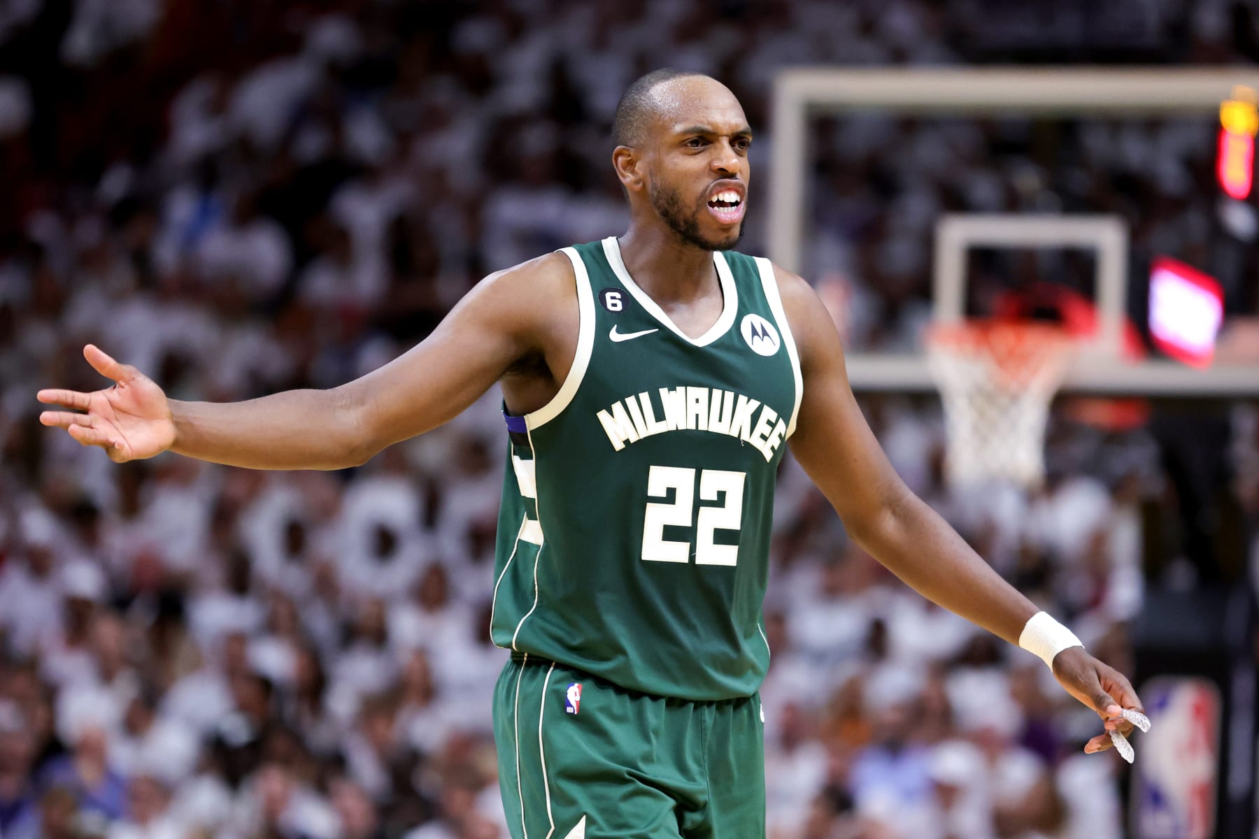 MIAMI, FLORIDA - APRIL 24: Khris Middleton #22 of the Milwaukee Bucks reacts against the Miami Heat during the fourth quarter in Game Four of the Eastern Conference First Round Playoffs at Kaseya Center on April 24, 2023 in Miami, Florida. NOTE TO USER: User expressly acknowledges and agrees that, by downloading and or using this photograph, User is consenting to the terms and conditions of the Getty Images License Agreement. (Photo by Megan Briggs/Getty Images)