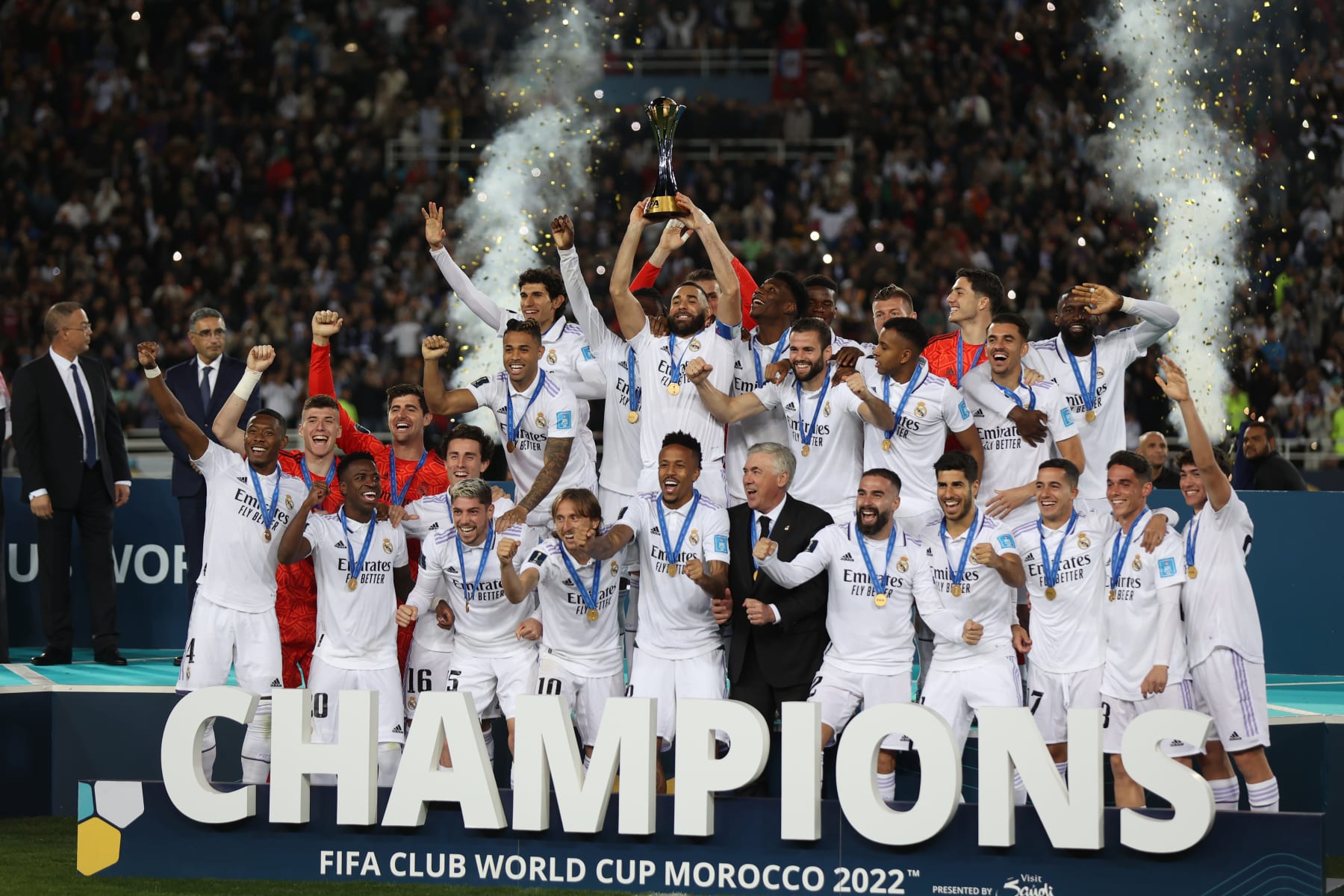 RABAT, MOROCCO - FEBRUARY 11: Players of Real Madrid celebrate after winning the FIFA Club World Cup final football match between Real Madrid and Al-Hilal at the Prince Moulay Abdellah Stadium in Rabat, Morocco on February 11, 2023. (Photo by Abu Adem Muhammed/Anadolu Agency via Getty Images)