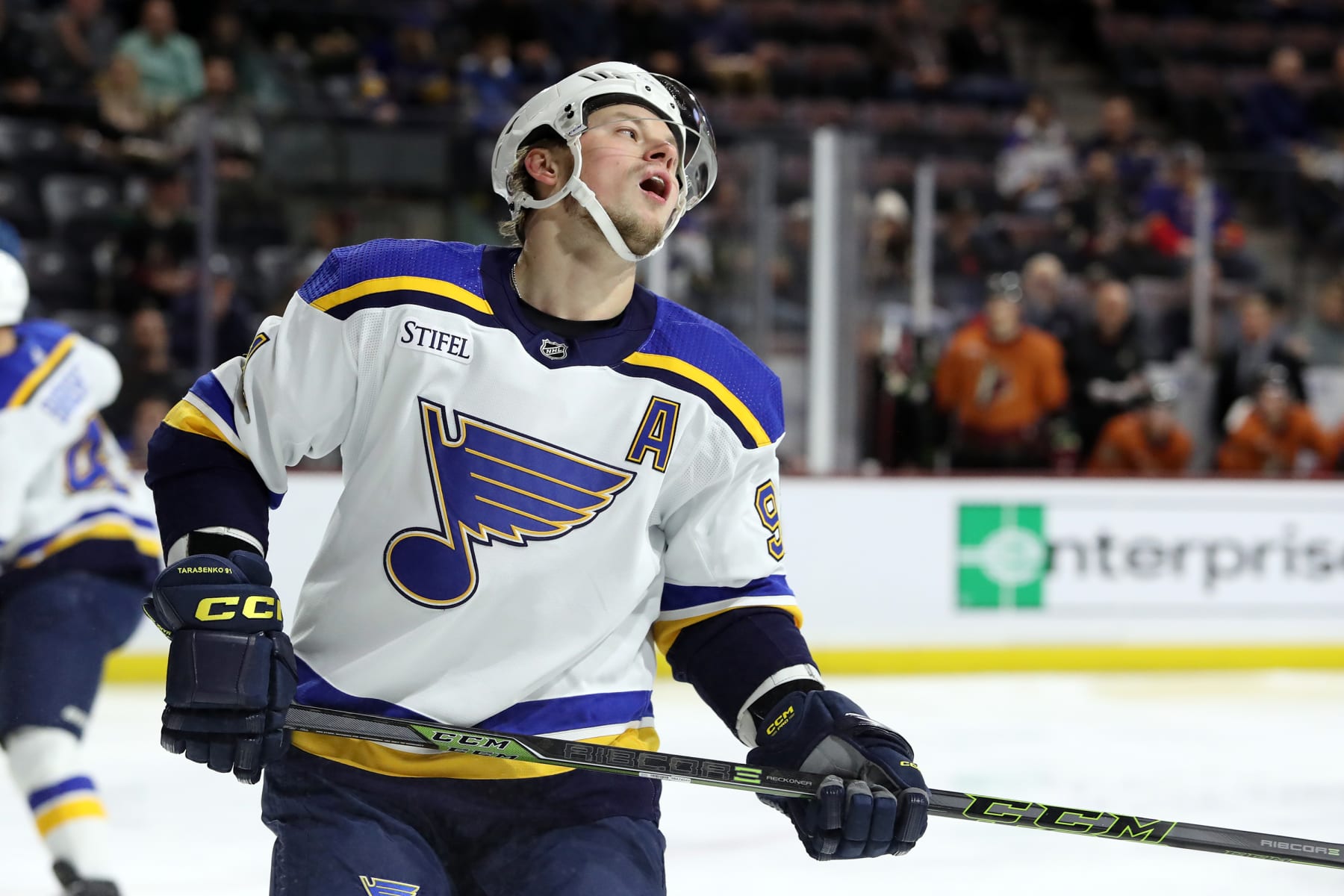 TEMPE, ARIZONA - JANUARY 26: Vladimir Tarasenko #91 of the St. Louis Blues reacts after he misses a shot against the Arizona Coyotes in the first period of the game at Mullett Arena on January 26, 2023 in Tempe, Arizona. (Photo by Zac BonDurant/Getty Images)