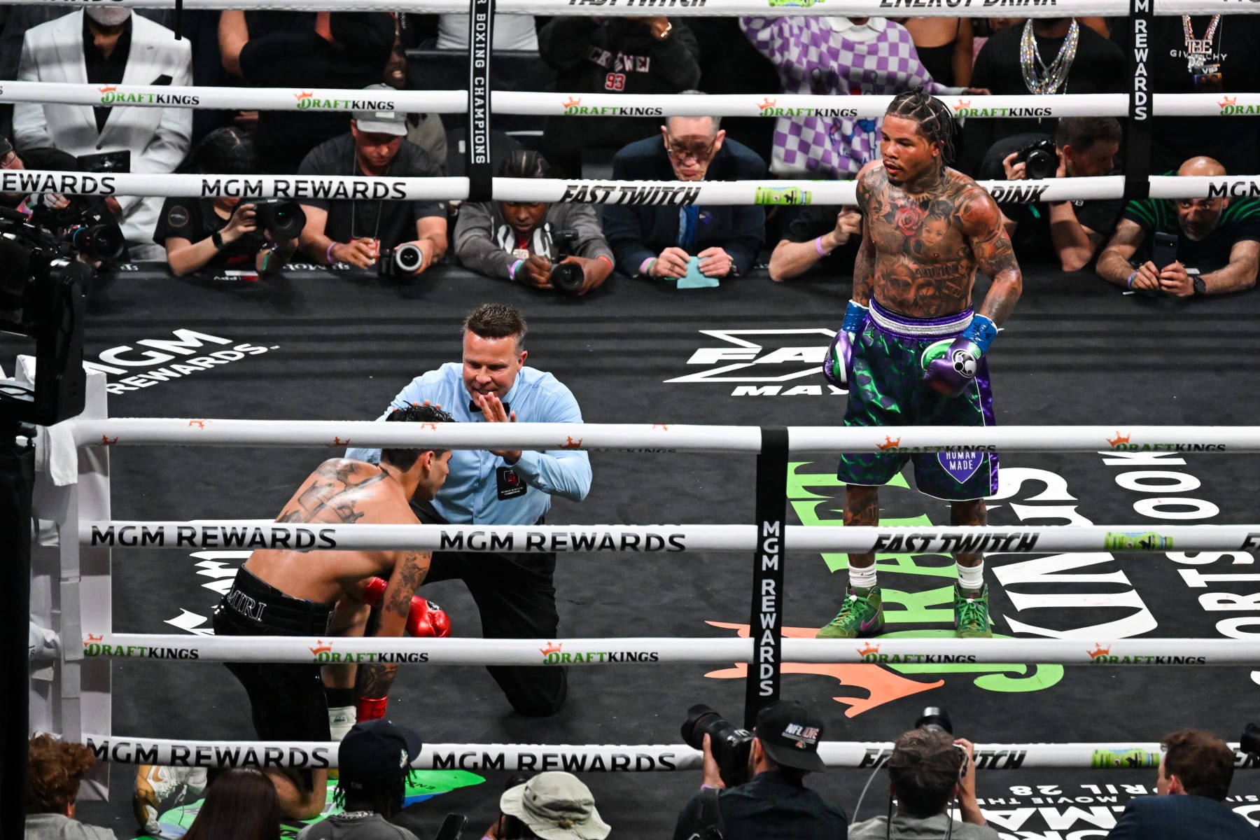 LAS VEGAS, NV - APRIL 22: Gervonta Davis (R) defeated Ryan Garcia during their fight for Lightweights of the Premiere Boxing Championship on Saturday night at the T-Mobile Arena in Las Vegas, Nevada, United States on April 22, 2023. (Photo by Tayfun CoÅkun/Anadolu Agency via Getty Images)