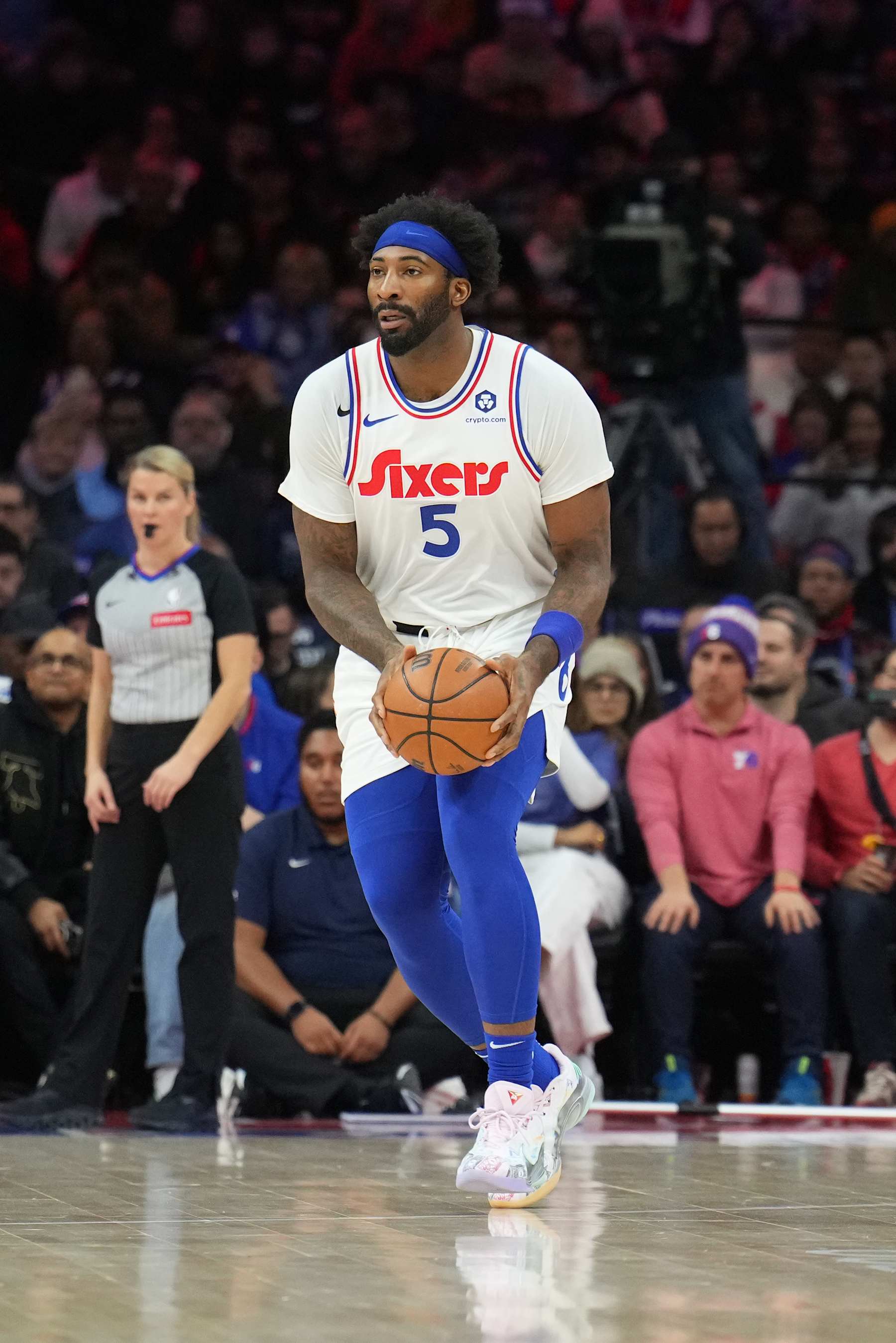 PHILADELPHIA, PA - DECEMBER 23: Andre Drummond #5 of the Philadelphia 76ers looks to pass the ball during the game against the San Antonio Spurs on December 23, 2024 at the Wells Fargo Center in Philadelphia, Pennsylvania NOTE TO USER: User expressly acknowledges and agrees that, by downloading and/or using this Photograph, user is consenting to the terms and conditions of the Getty Images License Agreement. Mandatory Copyright Notice: Copyright 2024 NBAE (Photo by Jesse D. Garrabrant/NBAE via Getty Images)