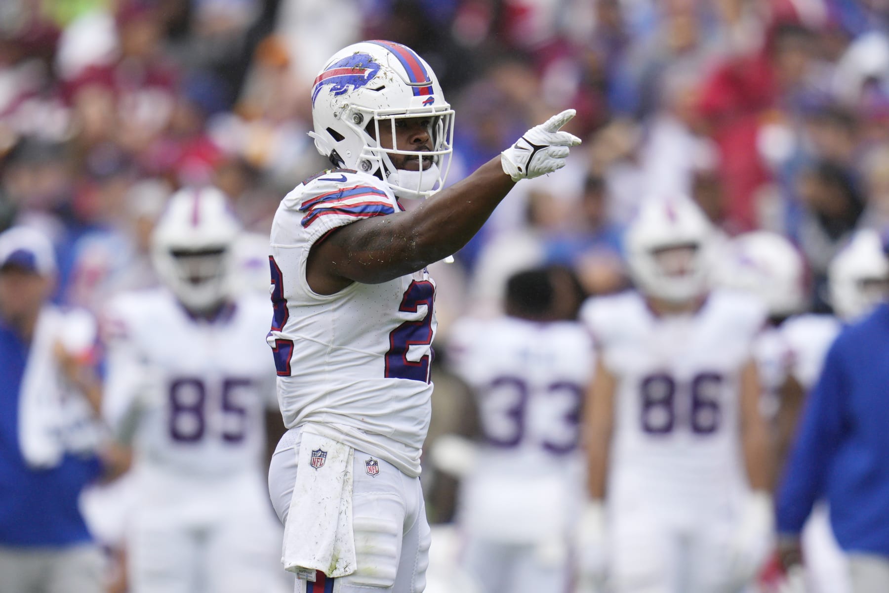 LANDOVER, MARYLAND - SEPTEMBER 24: Damien Harris #22 of the Buffalo Bills gestures after getting a first down against the Washington Commanders during the first half at FedExField on September 24, 2023 in Landover, Maryland. (Photo by Jess Rapfogel/Getty Images)