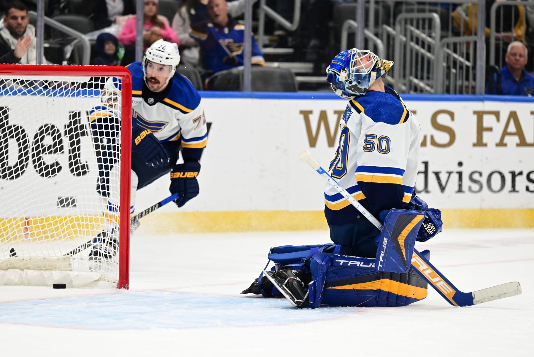 ST. LOUIS, MO - NOVEMBER 28: St. Louis Blues goaltender Jordan Binnington (50) acts after giving ups a goal late in the game during a NHL game between the Dallas Stars and the St. Louis Blues on November 28, 2022, at Enterprise Center in St. Louis, MO. (Photo by Keith Gillett/Icon Sportswire via Getty Images)