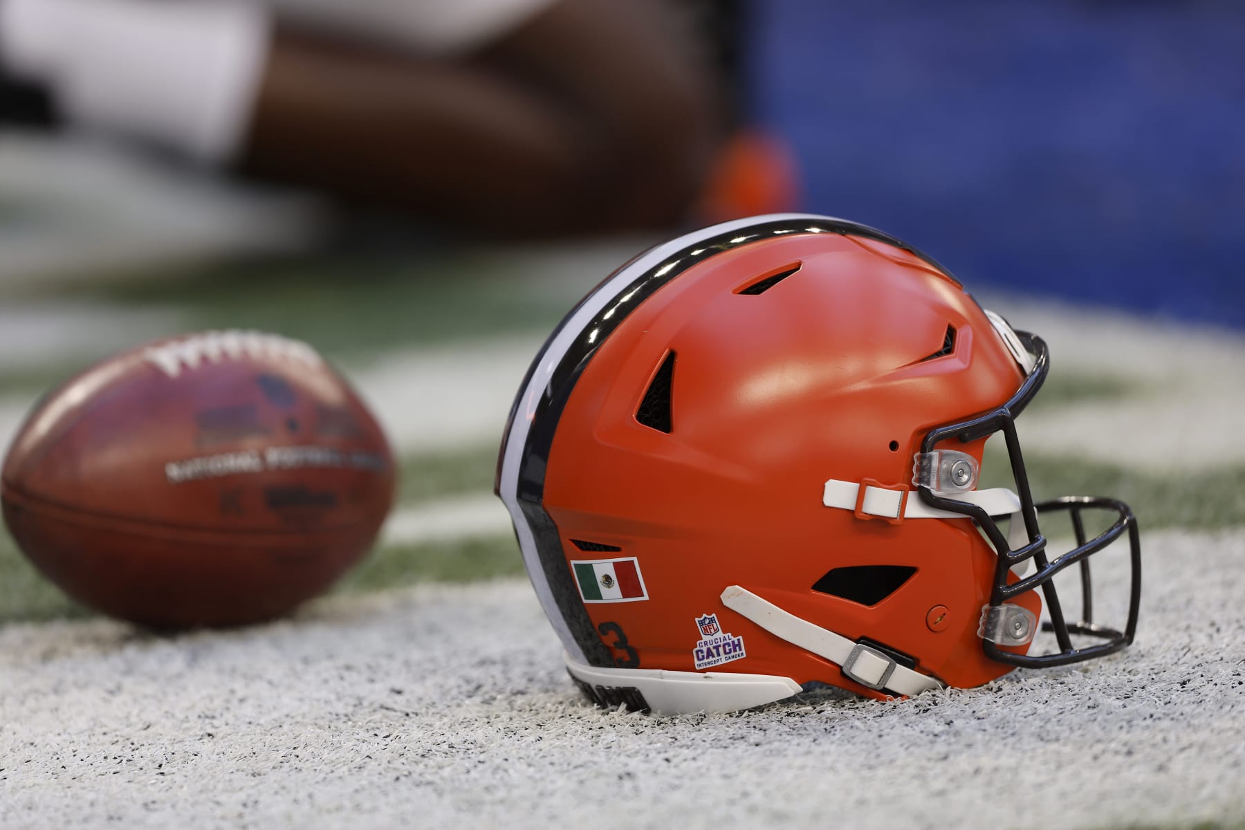 INDIANAPOLIS, IN - OCTOBER 22: A Cleveland Browns helmet sits on the turn prior to a NFL game between the Cleveland Browns and the Indianapolis Colts on October 22, 2023 at Lucas Oil Stadium in Indianapolis, IN.  (Photo by Jeffrey Brown/Icon Sportswire via Getty Images)