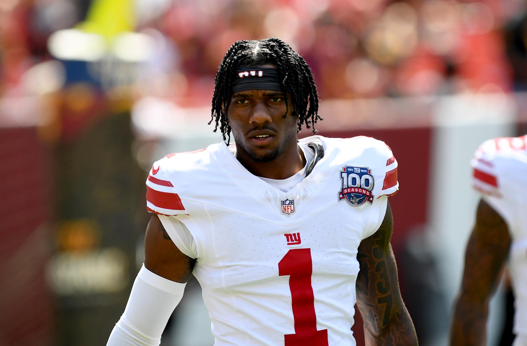 LANDOVER, MD - SEPTEMBER 15: Giants wide receiver Malik Nabers (1) looks around the stadium before the New York Giants versus Washington Commanders National Football League game at Northwest Stadium on September 15, 2024 in Landover, MD. (Photo by Randy Litzinger/Icon Sportswire via Getty Images)