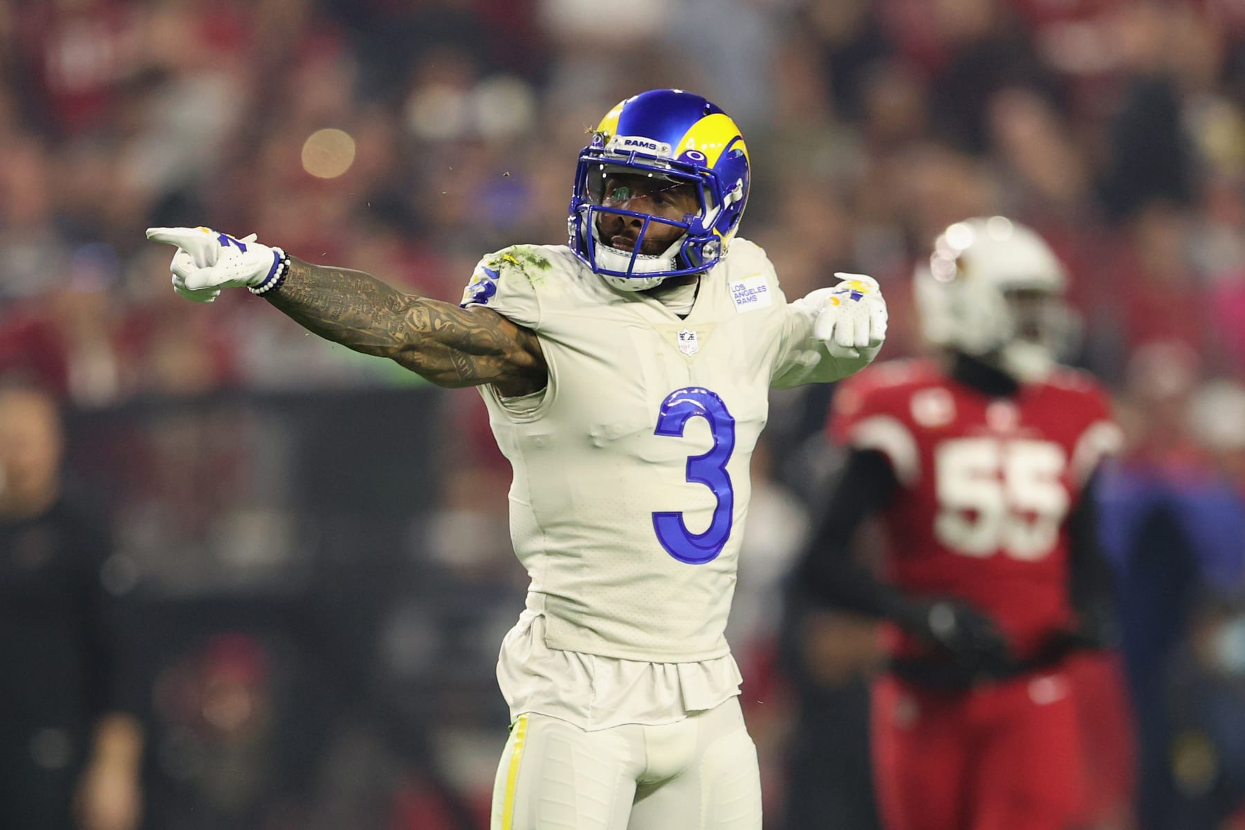 GLENDALE, ARIZONA - DECEMBER 13: Wide receiver Odell Beckham Jr. #3 of the Los Angeles Rams reacts to a first-down reception against the Arizona Cardinals during the NFL game at State Farm Stadium on December 13, 2021 in Glendale, Arizona. The Rams defeated the Cardinals 30-23.  (Photo by Christian Petersen/Getty Images)