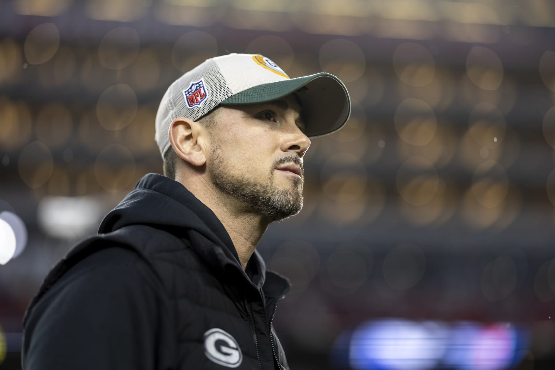 SANTA CLARA, CALIFORNIA - JANUARY 20: Head coach Matt LaFleur of the Green Bay Packers looks on prior to an NFL divisional round playoff football game between the San Francisco 49ers and the Green Bay Packers at Levi's Stadium on January 20, 2024 in Santa Clara, California. (Photo by Michael Owens/Getty Images)