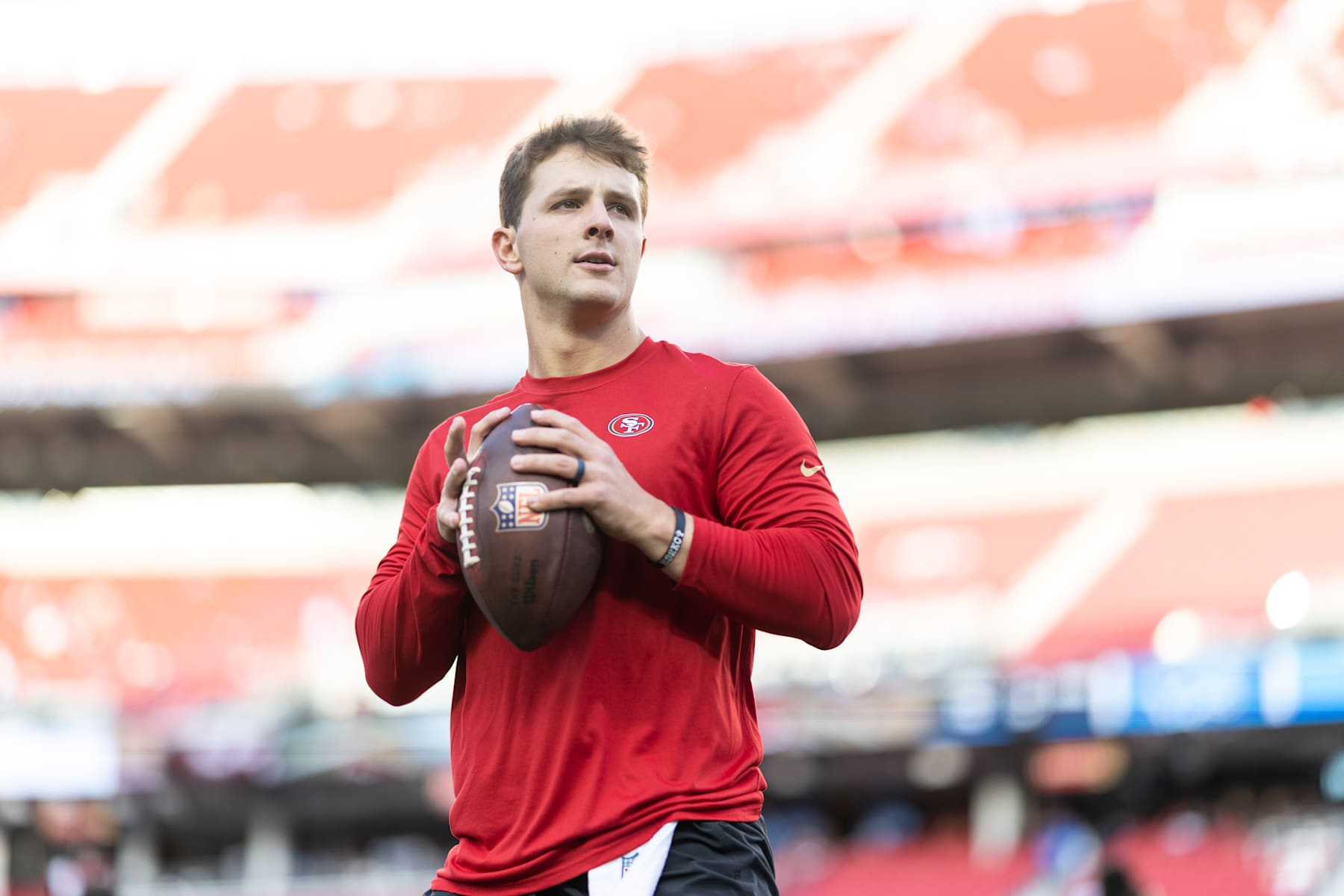 SANTA CLARA, CALIFORNIA - DECEMBER 30: Brock Purdy #13 of the San Francisco 49ers looks to pass during an NFL Football game against the Detroit Lions at Levi's Stadium on December 30, 2024 in Santa Clara, California. (Photo by Michael Owens/Getty Images)