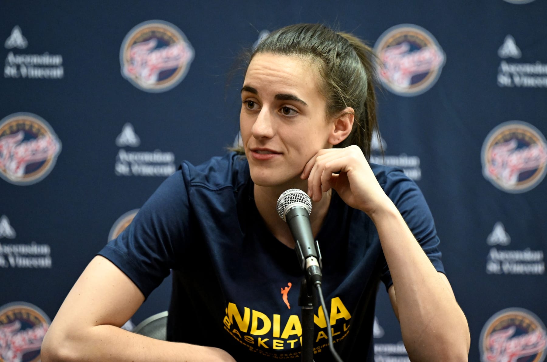 WASHINGTON, DC - JUNE 07: Caitlin Clark #22 of the Indiana Fever talks to the media before the game against the Washington Mystics at Capital One Arena on June 07, 2024 in Washington, DC.  NOTE TO USER: User expressly acknowledges and agrees that, by downloading and or using this photograph, User is consenting to the terms and conditions of the Getty Images License Agreement. (Photo by G Fiume/Getty Images)