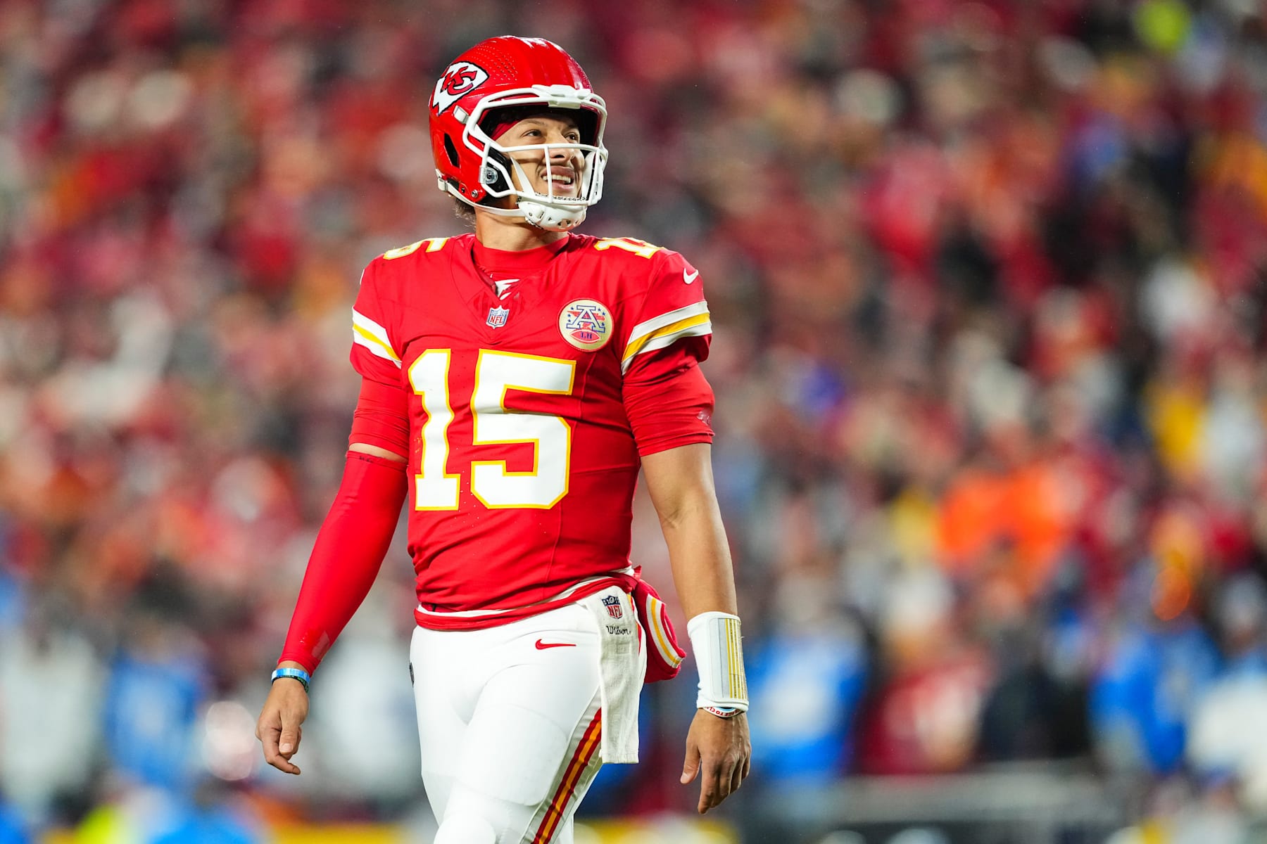 KANSAS CITY, MO - DECEMBER 08: Patrick Mahomes #15 of the Kansas City Chiefs looks on from the field during an NFL football game against the Los Angeles Chargers at GEHA Field at Arrowhead Stadium on December 8, 2024 in Kansas City, Missouri. (Photo by Cooper Neill/Getty Images)
