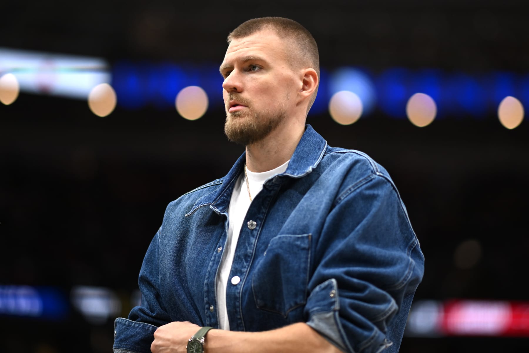 CHICAGO, ILLINOIS - MARCH 23: Kristaps Porzingis #8 of the Boston Celtics looks on from the bench in the first half against the Chicago Bulls at the United Center on March 23, 2024 in Chicago, Illinois.   NOTE TO USER: User expressly acknowledges and agrees that, by downloading and or using this photograph, User is consenting to the terms and conditions of the Getty Images License Agreement.  (Photo by Quinn Harris/Getty Images)