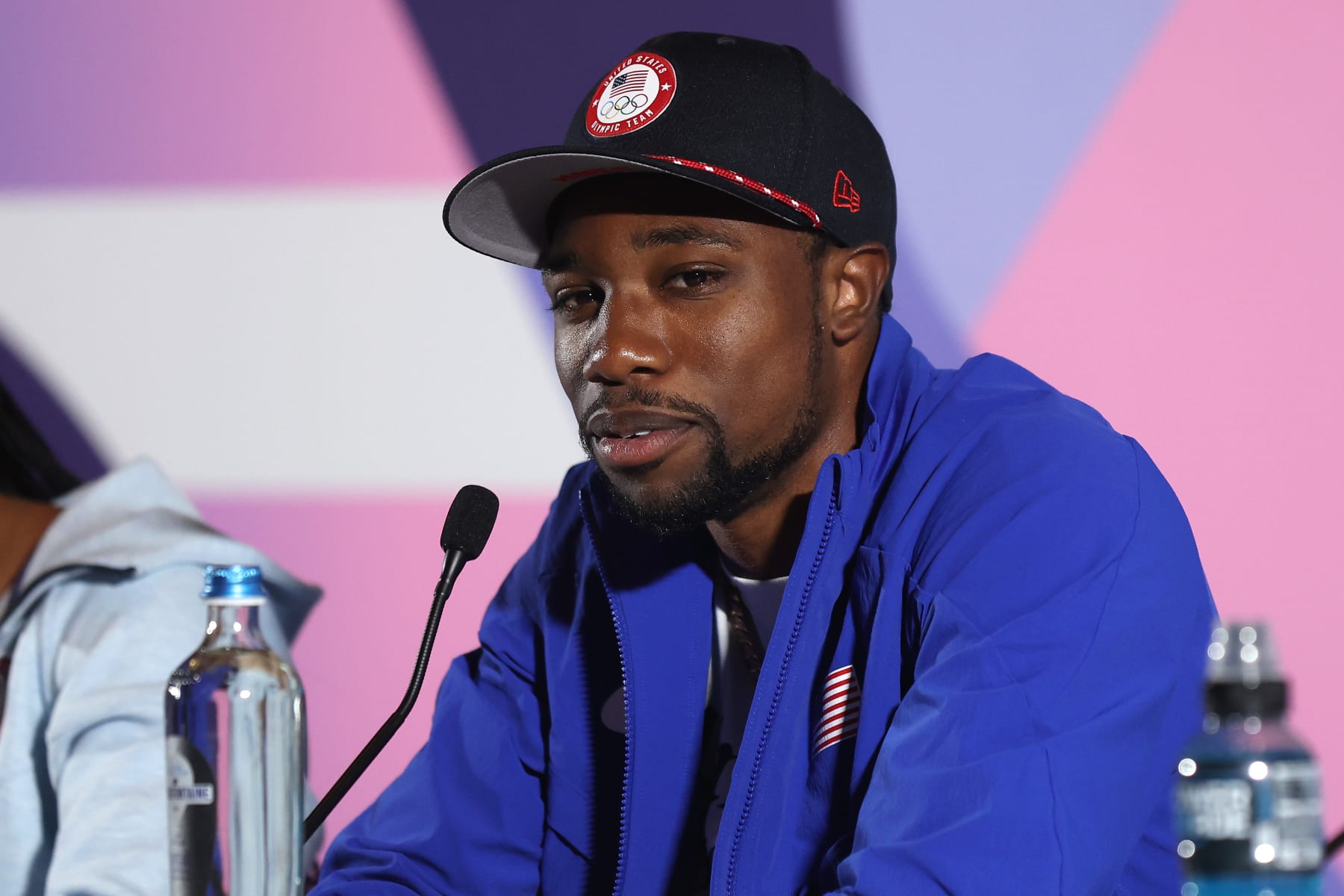 PARIS, FRANCE - JULY 29: Noah Lyles of the United States speaks during a Team USA Track & Field press conference on day three of the Olympic Games Paris 2024 at  the Main Press Centre on July 29, 2024 in Paris, France. (Photo by Mike Lawrie/Getty Images)