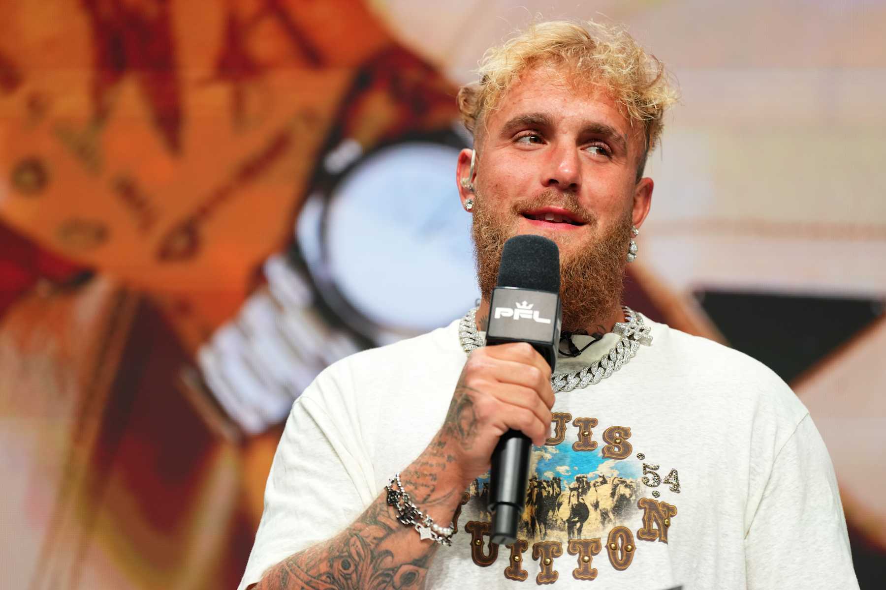WASHINGTON, DC - AUGUST 22:  Jake Paul looks on during the Battle of the Giants Press Conference at The Anthem on August 22, 2024 in Washington, DC. (Photo by Cooper Neill/Getty Images)
