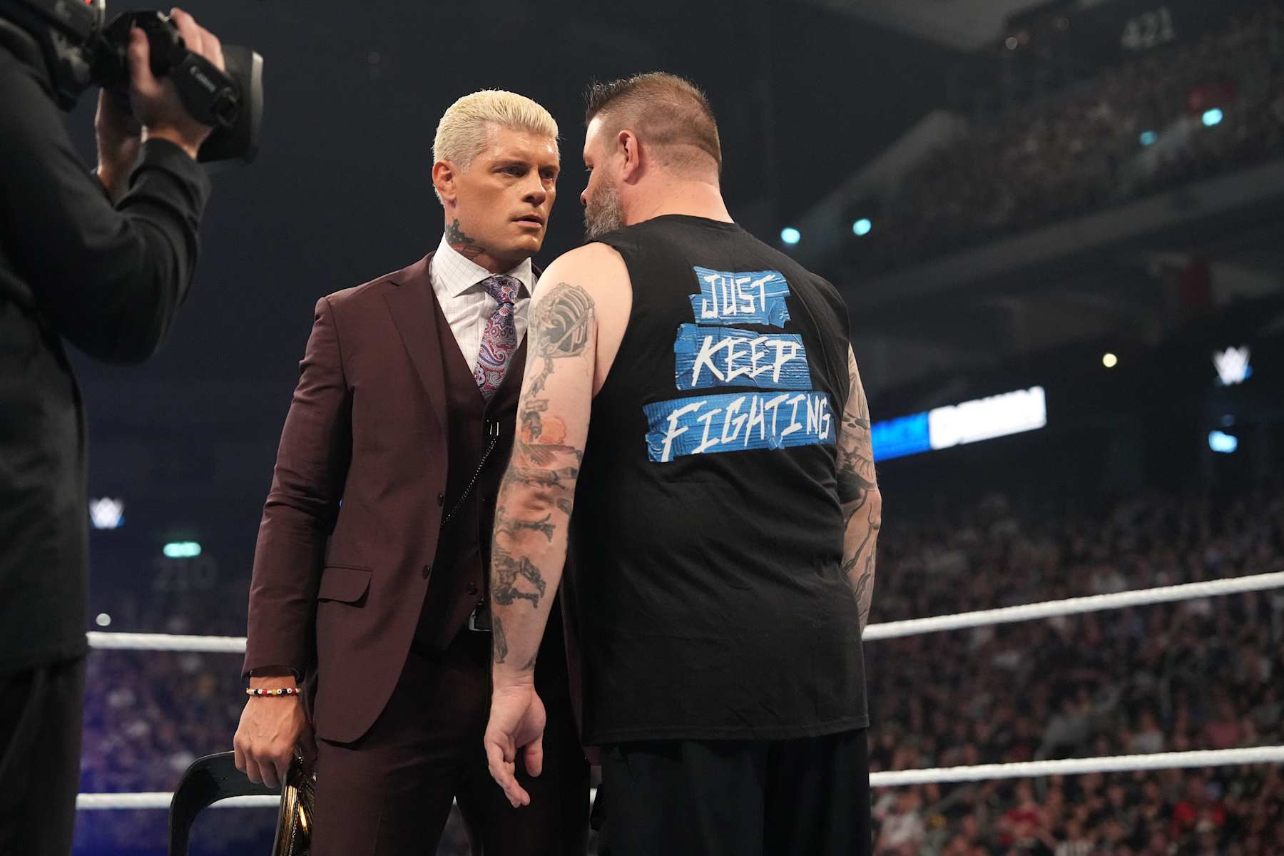 BERLIN, GERMANY - AUGUST 30: (L-R) WWE Undisputed Universal Champion Cody Rhodes faces off with Kevin Owens during WWE Friday Night SmackDown at Uber Arena on August 30, 2024 in Berlin, Germany.  (Photo by WWE/Getty Images)