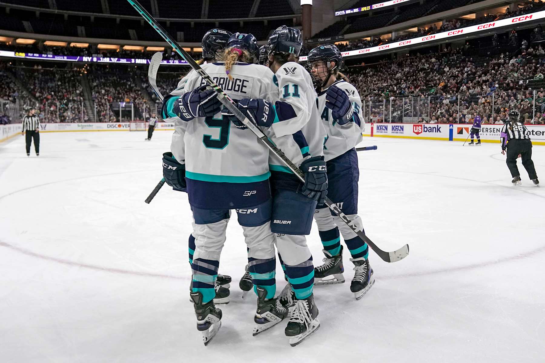 ST. PAUL, MN - MARCH 16: New York forward Abby Roque (11) celebrates her power play goal with New York forward Jessie Eldridge (9) and New York forward Alex Carpenter (25) during the second period of a PWHL game between Minnesota and New York on March 16, 2024, at the Xcel Energy Center in St. Paul, MN. (Photo by Nick Wosika/Icon Sportswire via Getty Images)