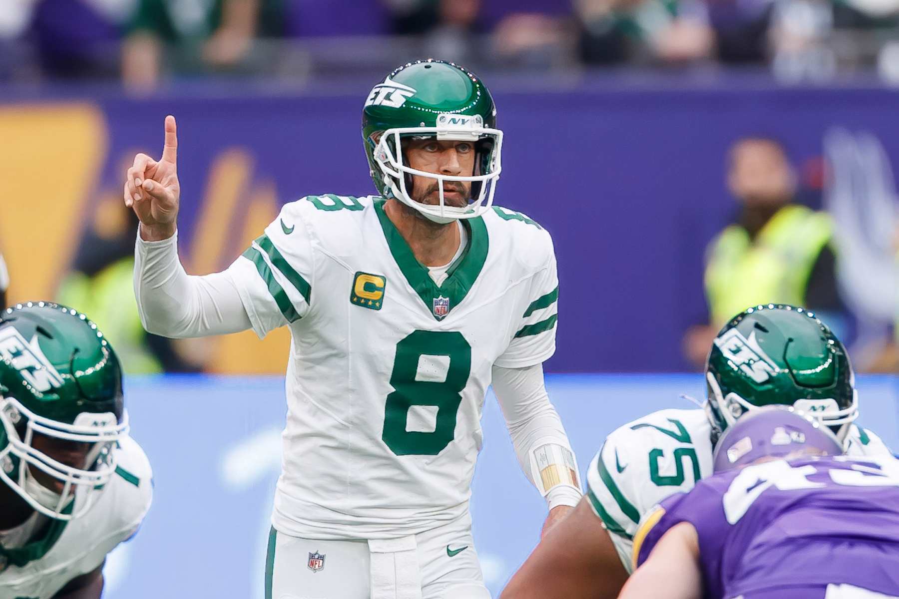 London, United Kingdom - October 6: Aaron Rodgers of New York Jets gestures during the NFL match between New York Jets and Minnesota Vikings at Tottenham Hotspur Stadium on October 6, 2024 in London, England. (Photo by Mario Hommes/DeFodi Images via Getty Images)