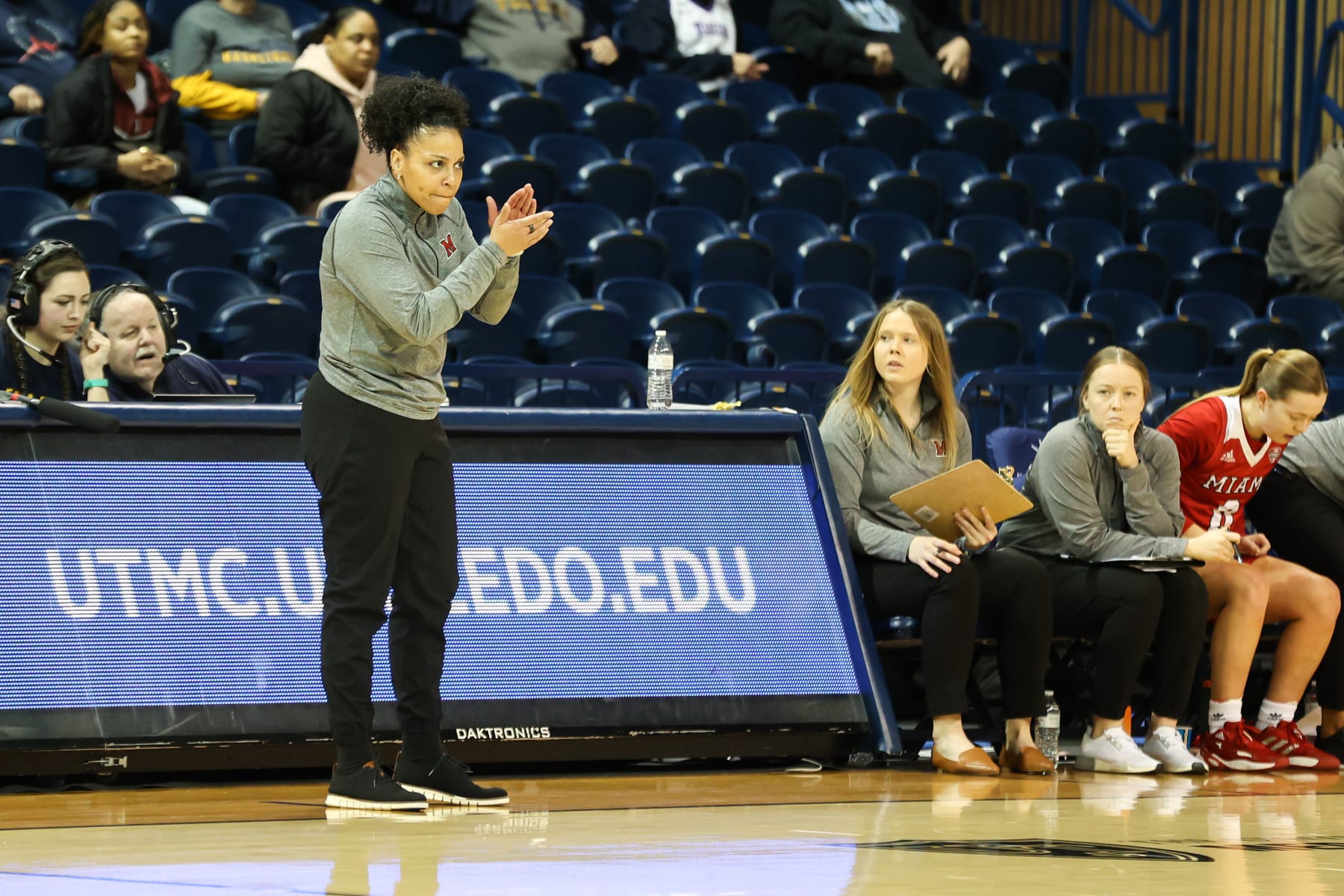 TOLEDO, OH - JANUARY 25:  Miami RedHawks head coach DeUnna Hendrix cheers on her team during the second quarter of a Mid-American Conference regular season college womens basketball game between the Miami (Ohio) RedHawks and the Toledo Rockets on January 25, 2023 at Savage Arena in Toledo, Ohio.  (Photo by Scott W. Grau/Icon Sportswire via Getty Images)