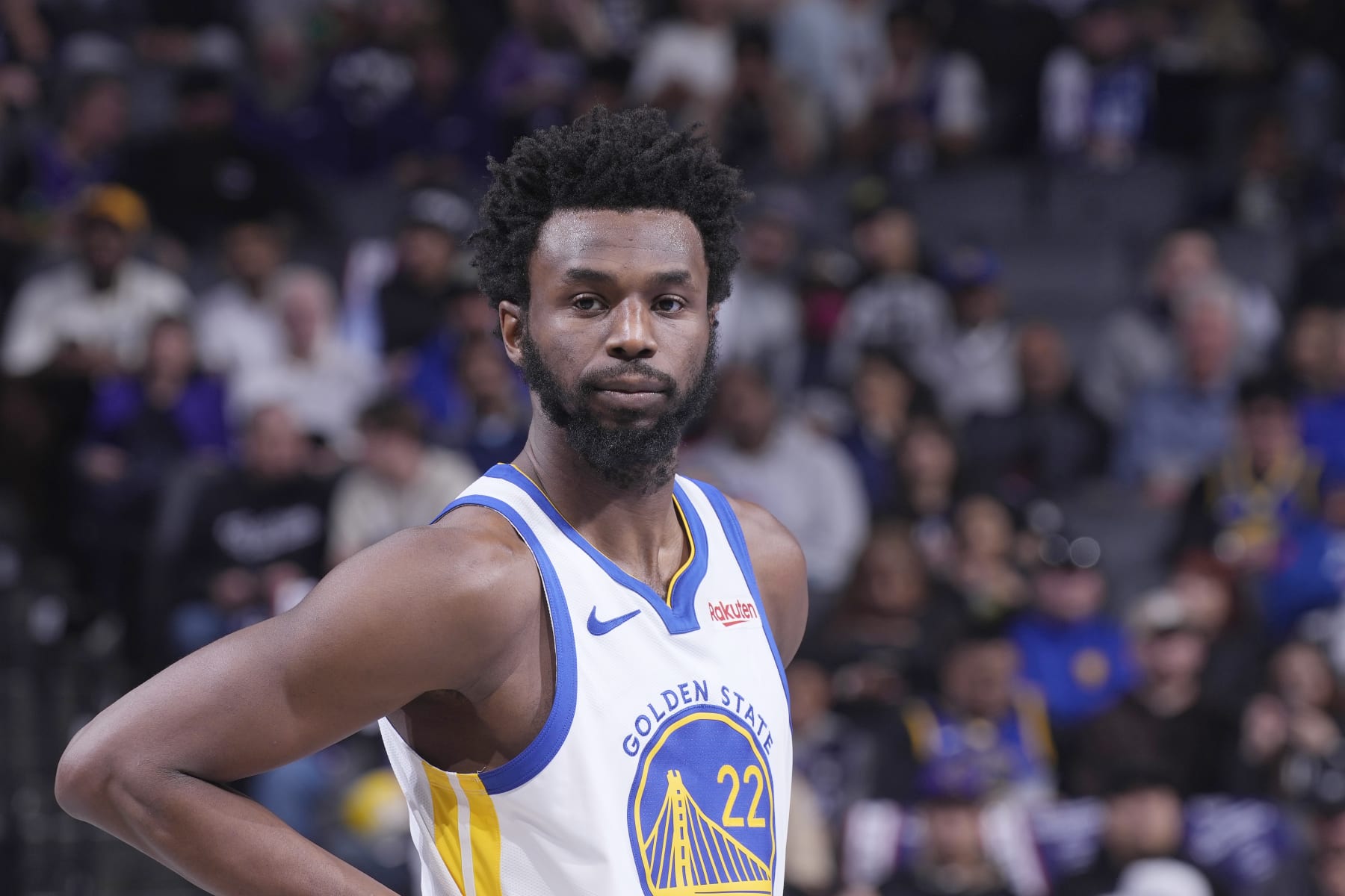 SACRAMENTO, CA - NOVEMBER 28: Andrew Wiggins #22 of the Golden State Warriors looks on during the game against the Sacramento Kings during the In-Season Tournament on November 28, 2023 at Golden 1 Center in Sacramento, California. NOTE TO USER: User expressly acknowledges and agrees that, by downloading and or using this photograph, User is consenting to the terms and conditions of the Getty Images Agreement. Mandatory Copyright Notice: Copyright 2023 NBAE (Photo by Rocky Widner/NBAE via Getty Images)