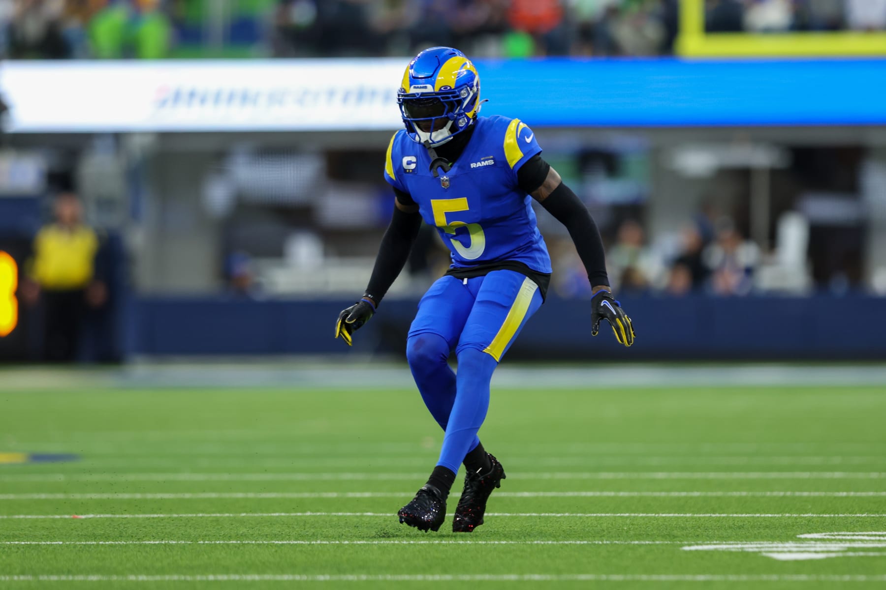 INGLEWOOD, CA - DECEMBER 25: Los Angeles Rams cornerback Jalen Ramsey (5) drops back into coverage during the NFL game between the Denver Broncos and the Los Angeles Rams on December 25, 2022, at SoFi Stadium in Inglewood, CA. (Photo by Jordon Kelly/Icon Sportswire via Getty Images)