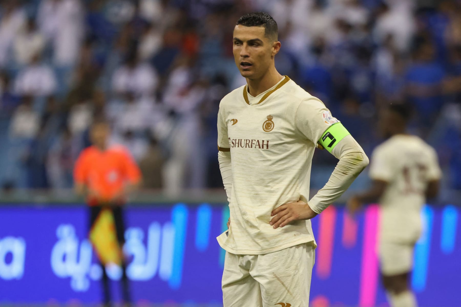 Nassr's Portuguese forward Cristiano Ronaldo looks on during the Saudi Pro League football match between Al-Hilal and Al-Nassr at the Prince Faisal Bin Fahd stadium in the capital Riyadh on April 18, 2023. (Photo by Fayez Nureldine / AFP) (Photo by FAYEZ NURELDINE/AFP via Getty Images)