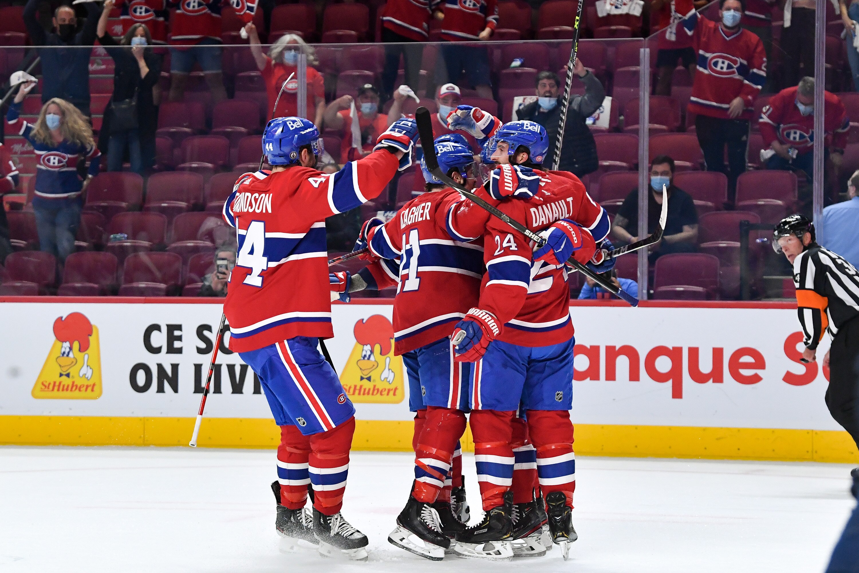 MONTREAL, QC - June 7: Artturi Lehkonen #62 of the Montreal Canadiens celebrates with teammates after scoring a goal against the Winnipeg Jets in Game Four of the Second Round of the 2021 Stanley Cup Playoffs at the Bell Centre on June 7, 2021 in Montreal, Quebec, Canada. (Photo by Francois Lacasse/NHLI via Getty Images)