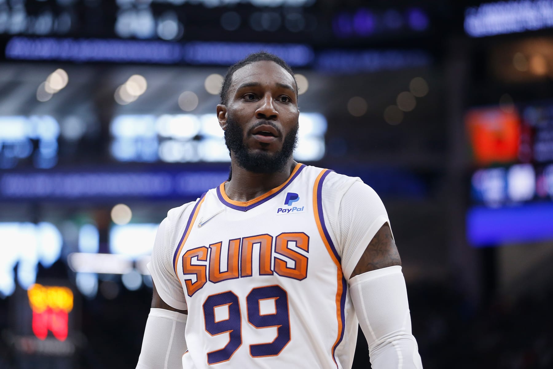 SACRAMENTO, CALIFORNIA - MARCH 20: Jae Crowder #99 of the Phoenix Suns looks on against the Sacramento Kings in the second quarter at Golden 1 Center on March 20, 2022 in Sacramento, California. NOTE TO USER: User expressly acknowledges and agrees that, by downloading and/or using this photograph, User is consenting to the terms and conditions of the Getty Images License Agreement. (Photo by Lachlan Cunningham/Getty Images)