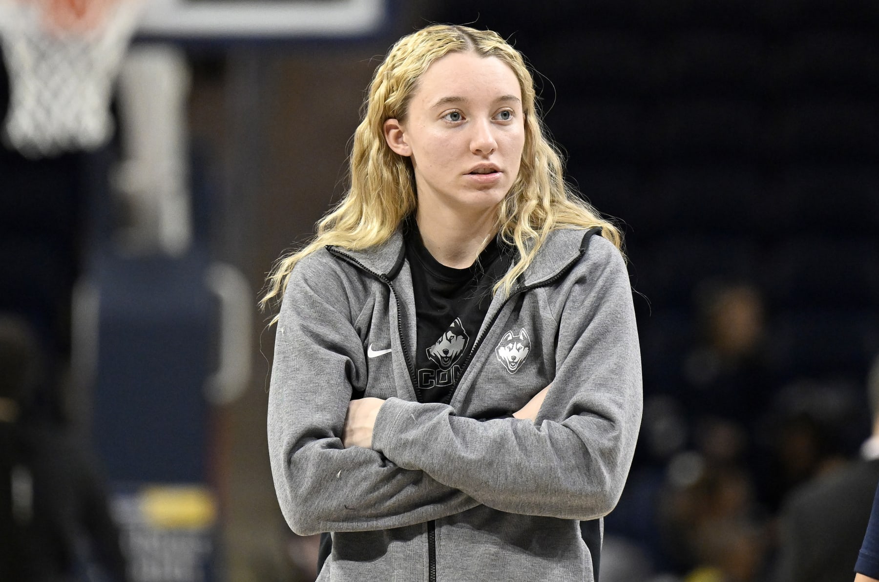 WASHINGTON, DC - FEBRUARY 11: Paige Bueckers #5 of the UConn Huskies watches the teams warm up before the game against the Georgetown Hoyas at Entertainment & Sports Arena on February 11, 2023 in Washington, DC. (Photo by G Fiume/Getty Images)