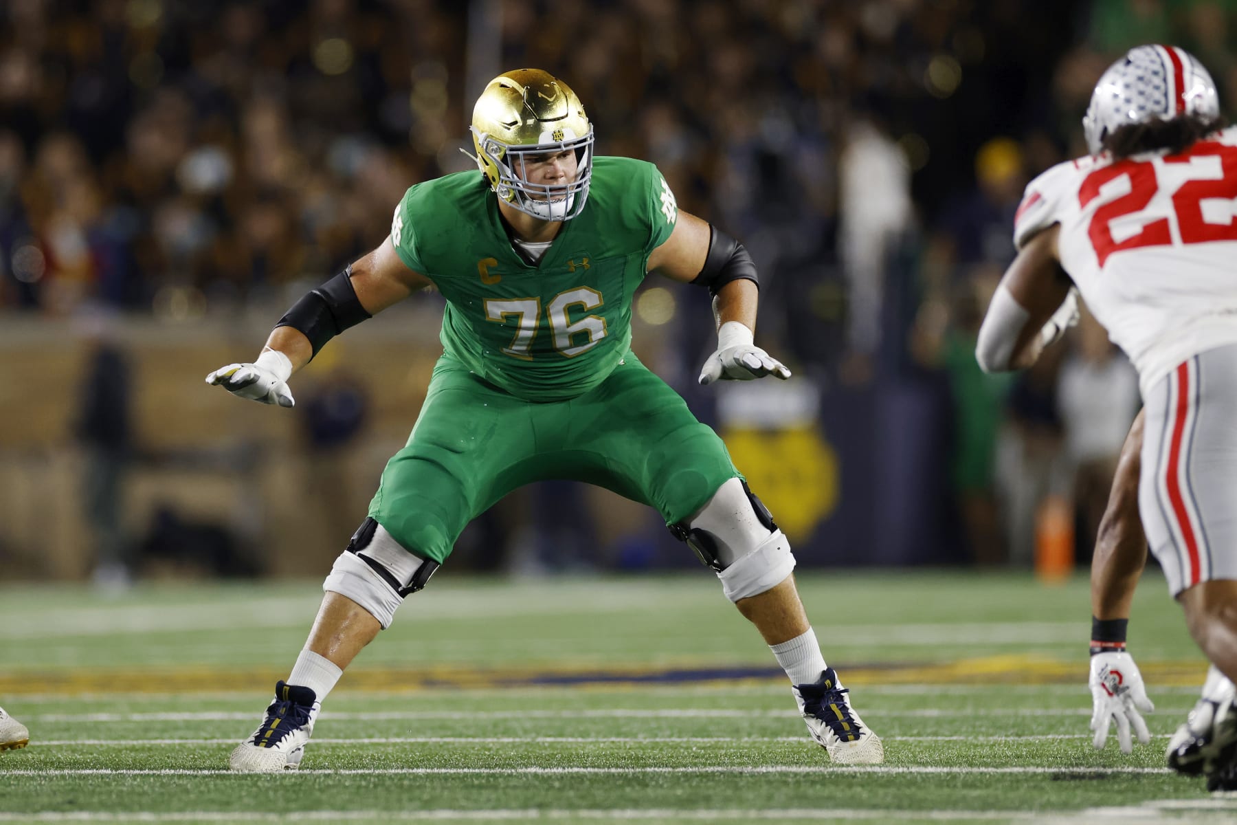 SOUTH BEND, IN - SEPTEMBER 23: Notre Dame Fighting Irish offensive lineman Joe Alt (76) blocks during a college football game against the Ohio State Buckeyes on September 23, 2023 at Notre Dame Stadium in South Bend, Indiana. (Photo by Joe Robbins/Icon Sportswire via Getty Images)