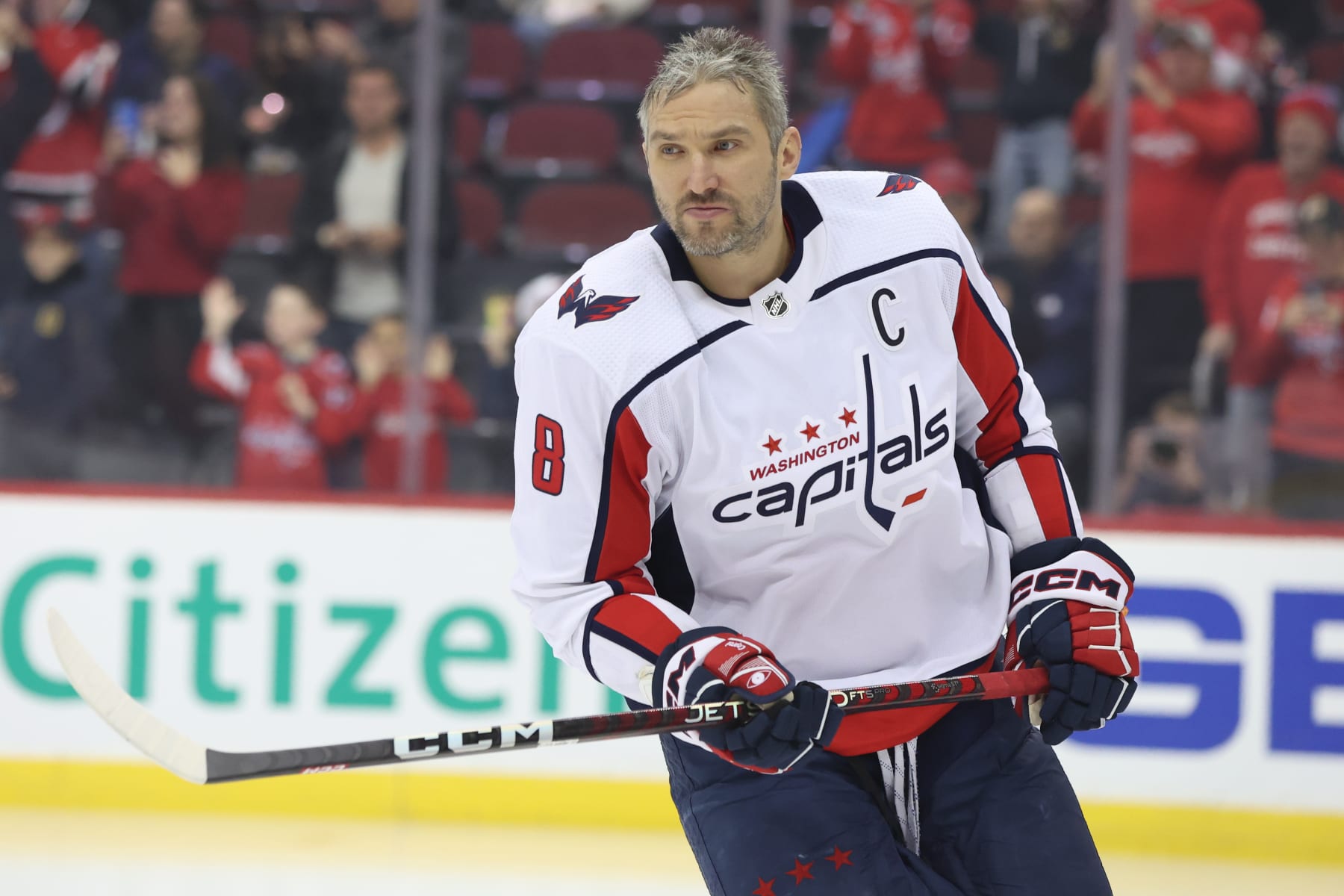 NEWARK, NJ - NOVEMBER 26: Washington Capitals left wing Alex Ovechkin (8) skates in pregame warmups before the National Hockey League game between the Washington Capitals and the New Jersey Devils on November 26, 2022 at Prudential Center in Newark, NJ. (Photo by Andrew Mordzynski/Icon Sportswire via Getty Images)