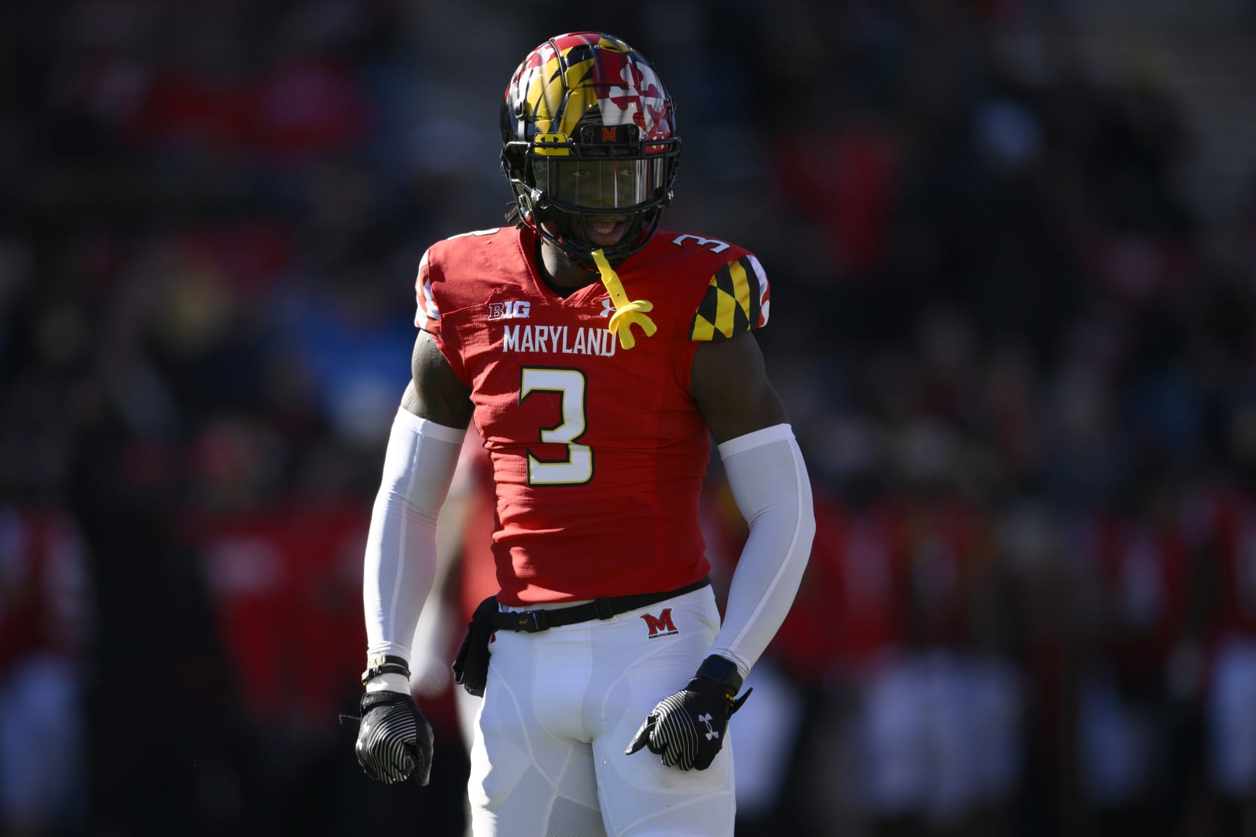 Maryland defensive back Deonte Banks (3) reacts during the first half of an NCAA college football game against Rutgers, Saturday, Nov. 26, 2022, in College Park, Md. (AP Photo/Nick Wass)