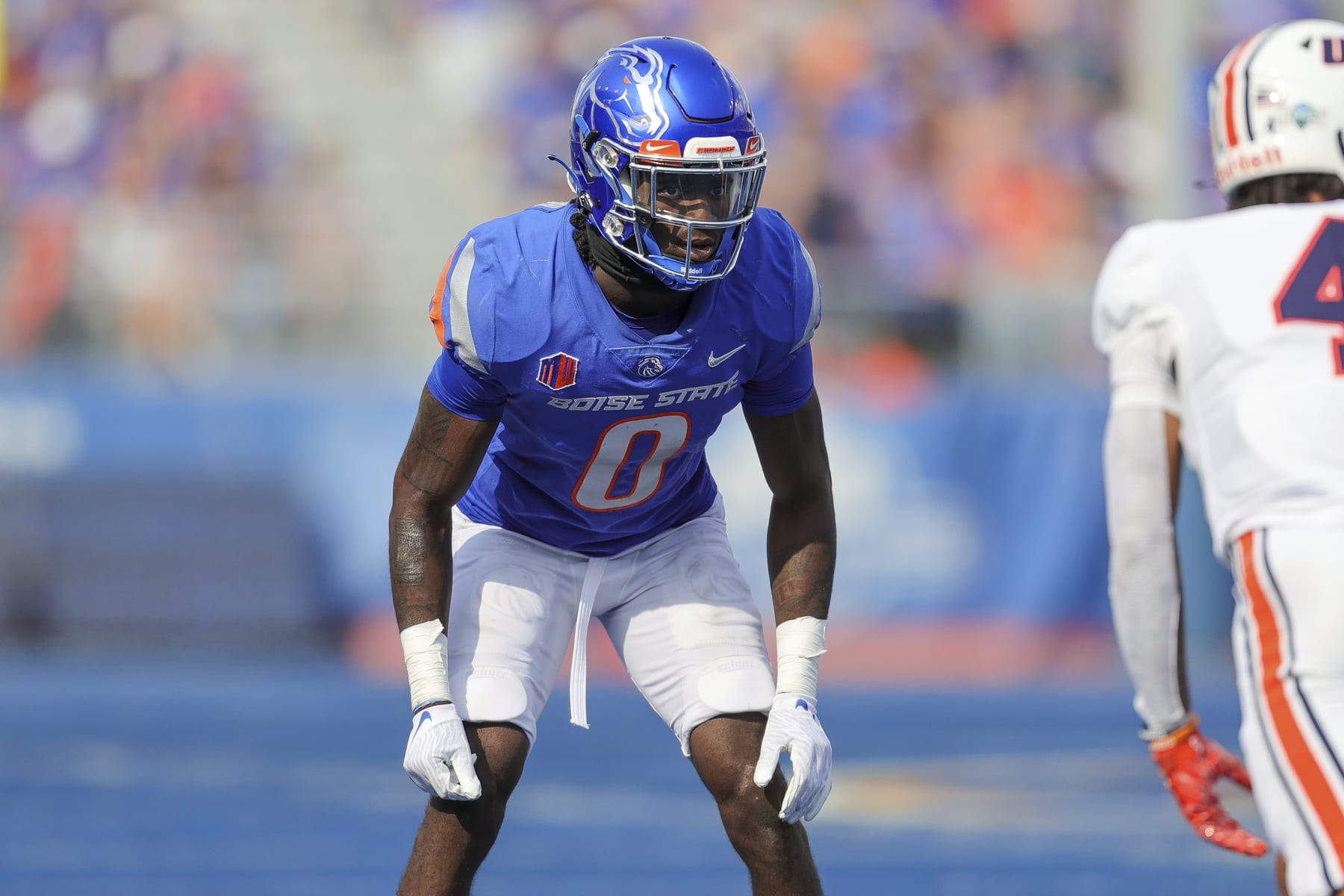 Boise State safety JL Skinner (0) prepares for the snap against Tennessee-Martin in the second half of an NCAA college football game, Saturday, Sept. 17, 2022, in Boise, Idaho. Boise State won 30-7. (AP Photo/Steve Conner)