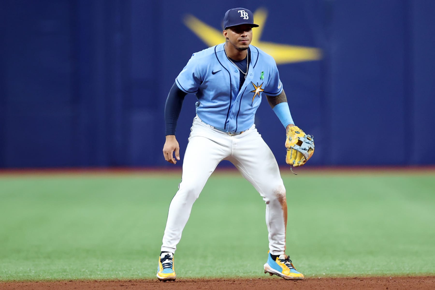 TAMPA, FL - MAY 27:  Wander Franco #5 of the Tampa Bay Rays plays defense at shortstop during the game between the New York Yankees and the Tampa Bay Rays at Tropicana Field on Friday, May 27, 2022 in Tampa, Florida. (Photo by Mike Carlson/MLB Photos via Getty Images)